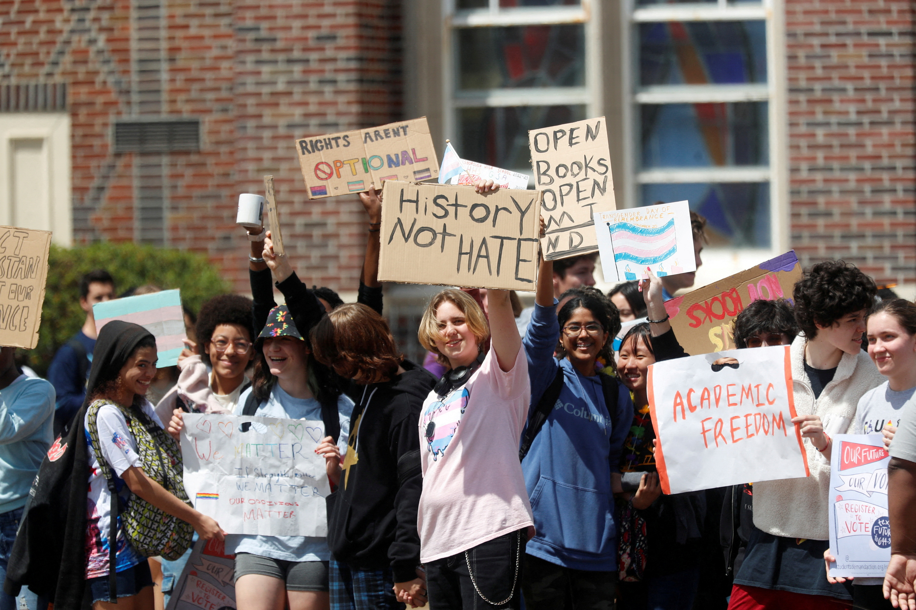 Students stage a walk out from Hillsborough High School to protest after Florida education officials voted to ban classroom instruction on gender identity and sexual orientation in all public school grades, expanding on a law signed by Republican Governor Ron DeSantis that barred such lessons for younger students and was derided by critics as the "Don't Say Gay" bill in Tampa, Florida, U.S., April 21, 2023. REUTERS/Octavio Jones/File Photo