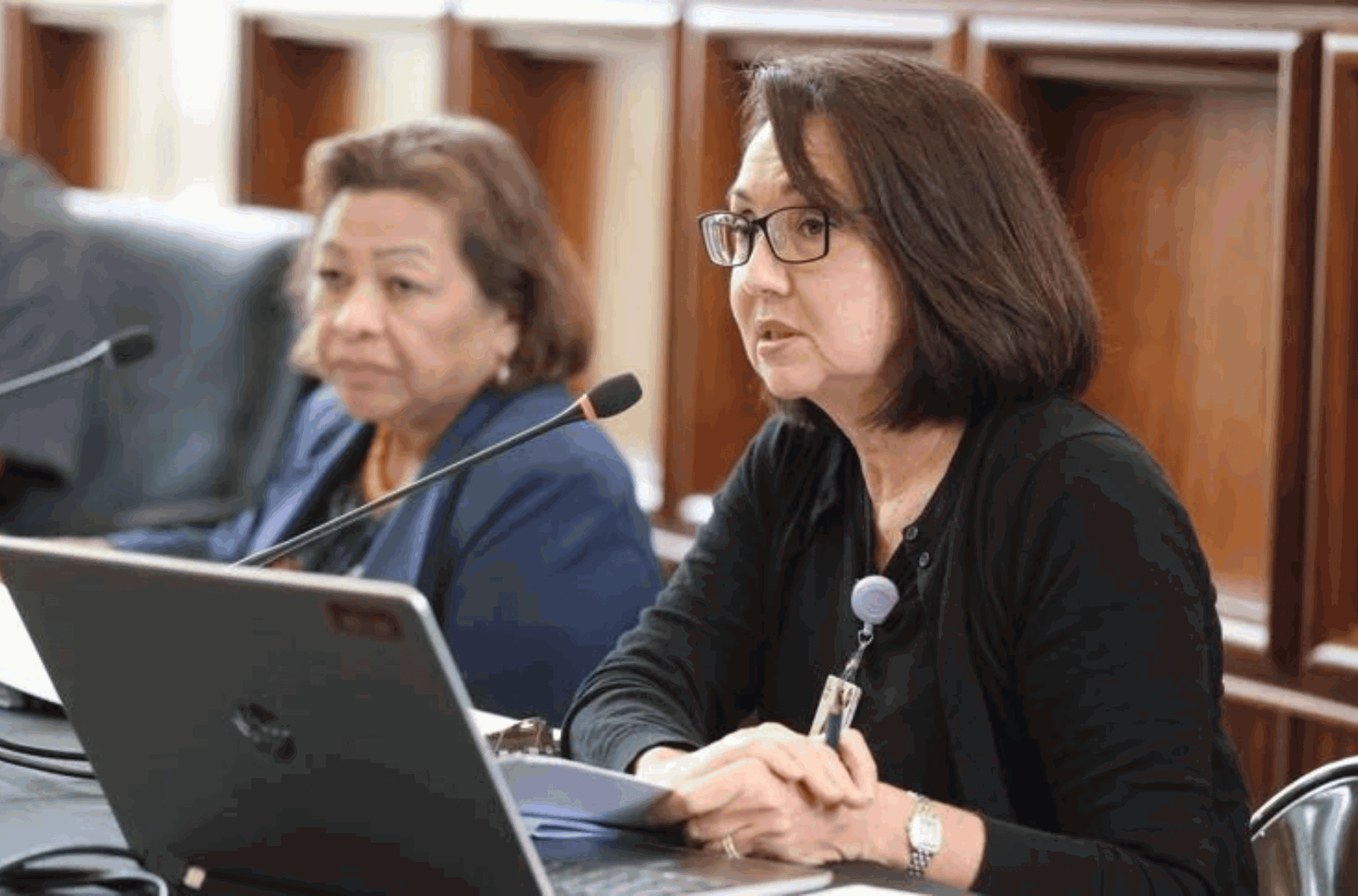 Yukari Hechanova, right, chief financial officer at the Guam Memorial Hospital Authority, answers questions from lawmakers Wednesday, Aug. 16, 2023, during legislative session at the Guam Congress Building in Hagåtña. 