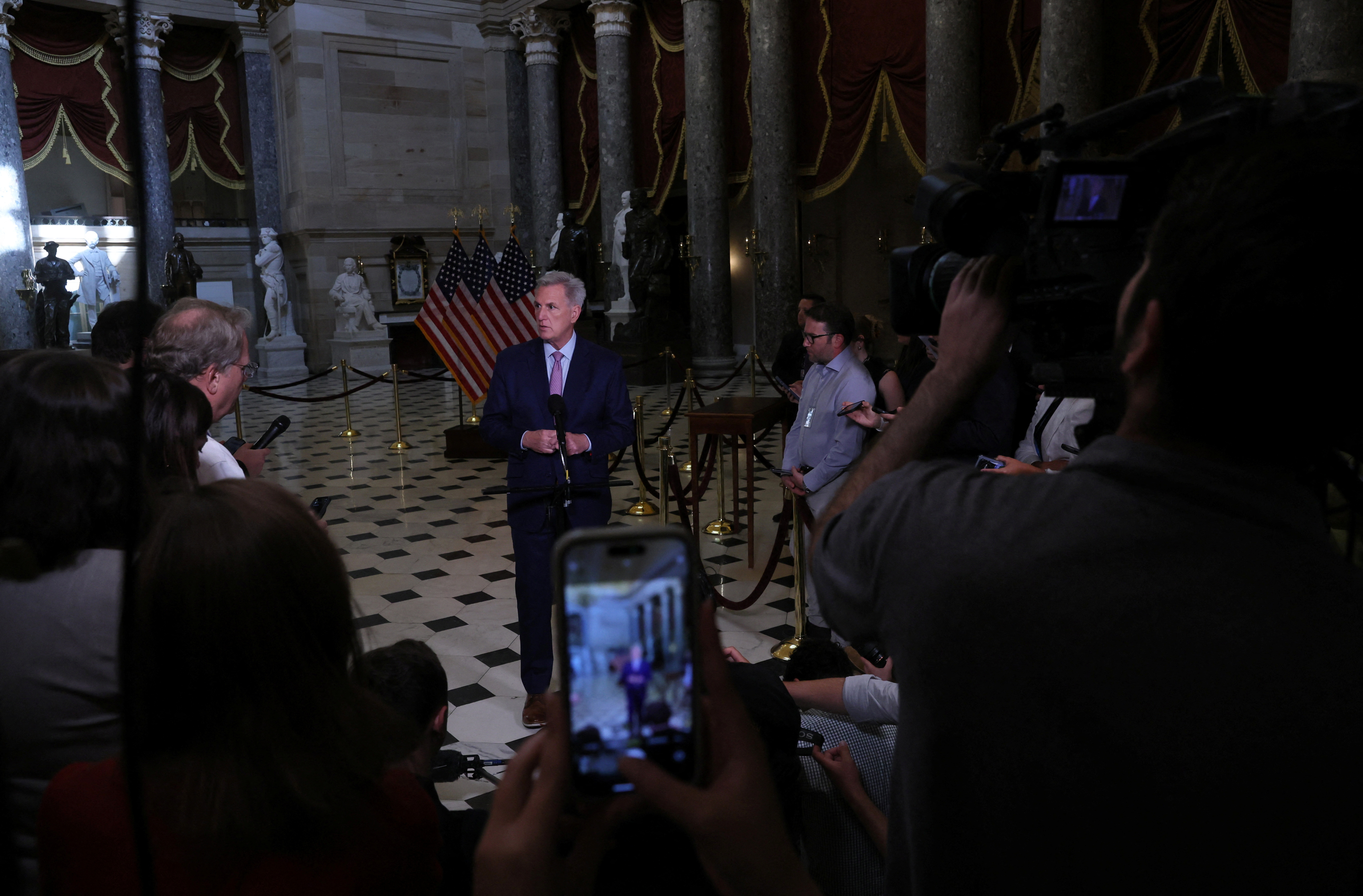 U.S. House Speaker Kevin McCarthy holds a media availability in Statuary Hall in the U.S. Capitol building in Washington, U.S., July 19, 2023. REUTERS/Leah Millis/File Photo