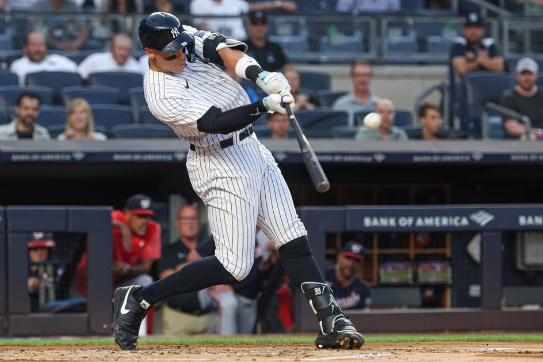 New York Yankees right fielder Aaron Judge (99) hits a solo home run during the first inning against the Washington Nationals at Yankee Stadium, the Bronx, New York, Aug. 23, 2023.