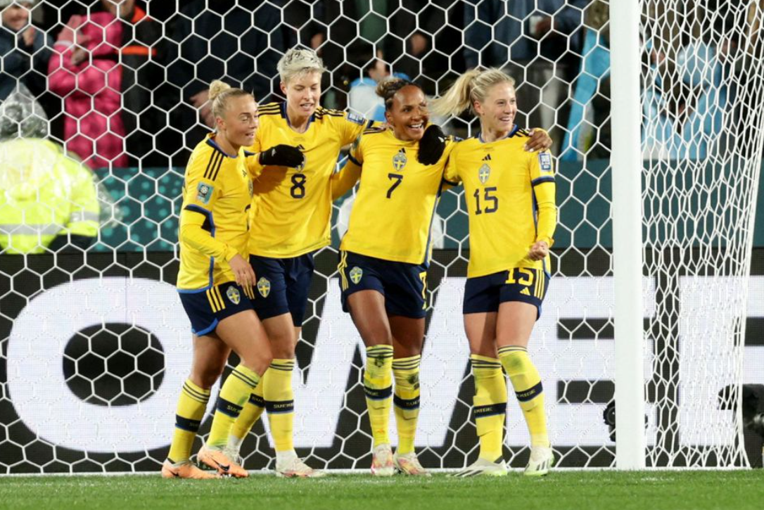 Sweden's Rebecka Blomqvist celebrates scoring their first goal with her teammates during their World Cup match against Argentina at Waikato Stadium in Hamilton, New Zealand on Aug. 2, 2023