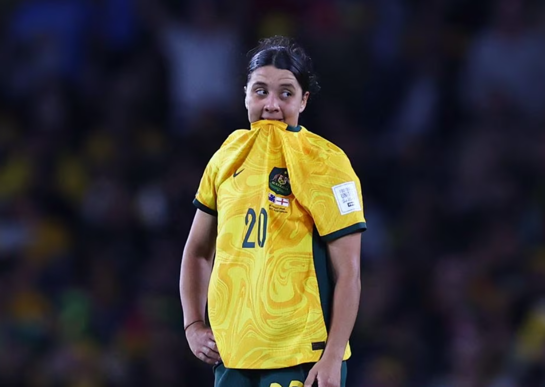 Australia's Sam Kerr looks dejected after England's Alessia Russo scores their third goal at Stadium Australia in Sydney, Australia on Aug. 16, 2023.