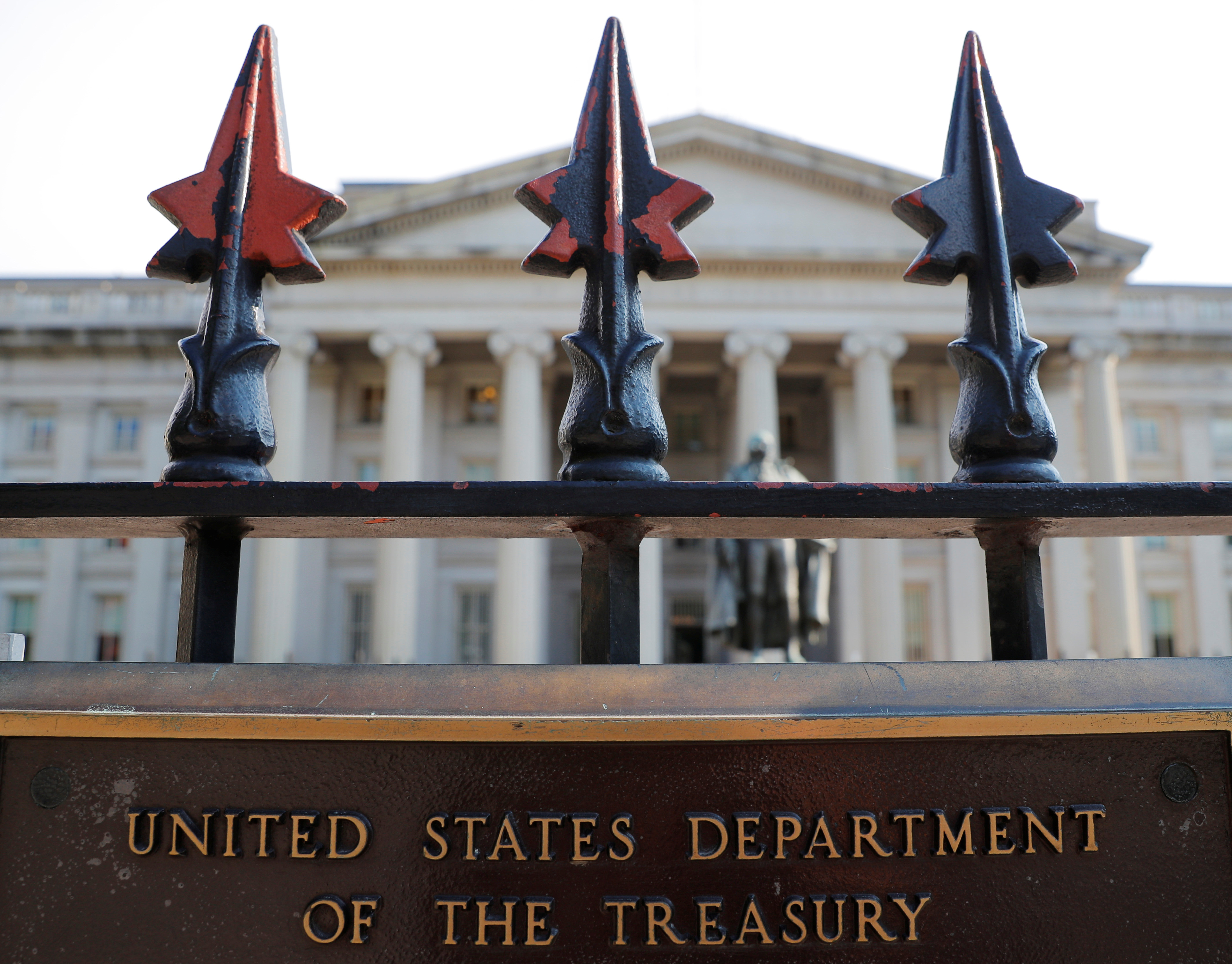 A sign marks the U.S Treasury Department in Washington, U.S., August 6, 2018. REUTERS/Brian Snyder