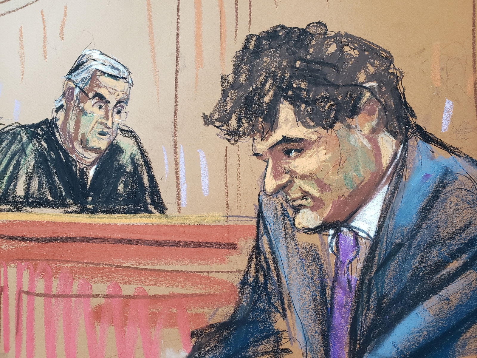 Sam Bankman-Fried, the founder of bankrupt cryptocurrency exchange FTX, is seen during a hearing as a U.S judge revoked his bail, at a courthouse in New York, U.S., August 11, 2023 in this courtroom sketch. REUTERS/Jane Rosenberg