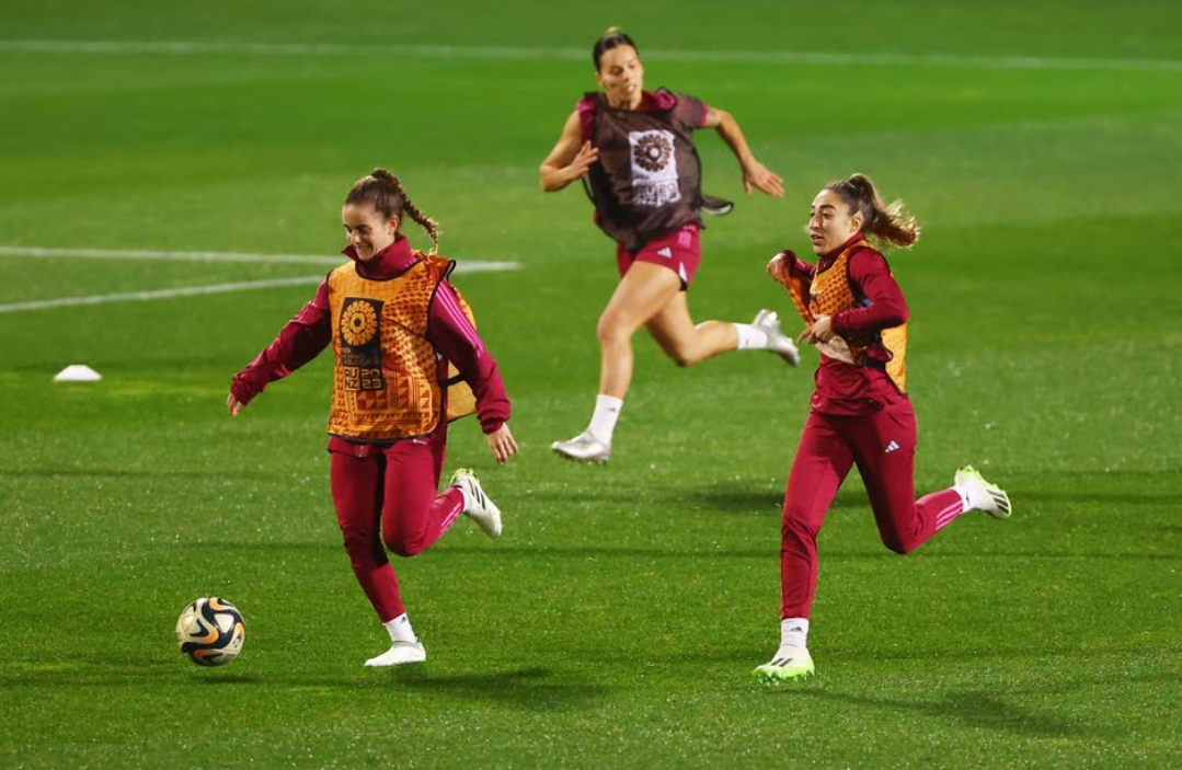 Spain's Teresa Abelleira with Olga Carmona during training at the North Harbor Stadium, Auckland, New Zealand on Aug. 14, 2023.