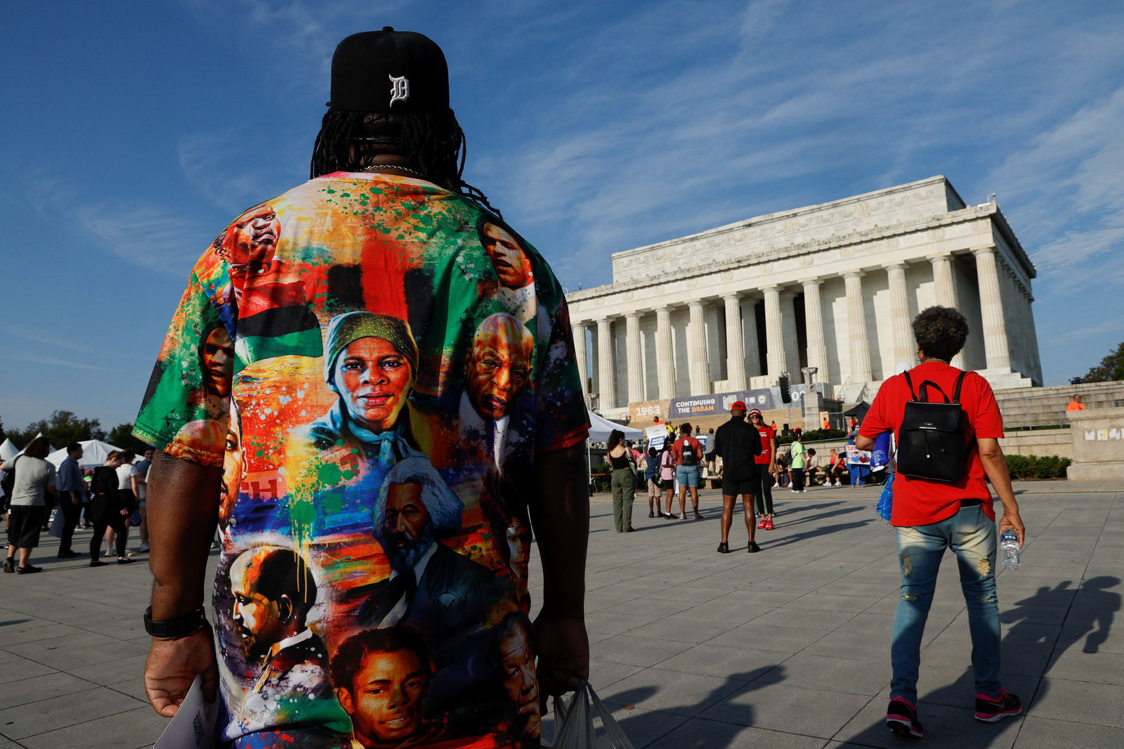 Demonstrators for racial justice gather, on the 60th anniversary of the March On Washington and Martin Luther King Jr's historic "I Have a Dream" speech, at the Lincoln Memorial in Washington D.C, U.S., August 26, 2023. REUTERS/Jonathan Ernst