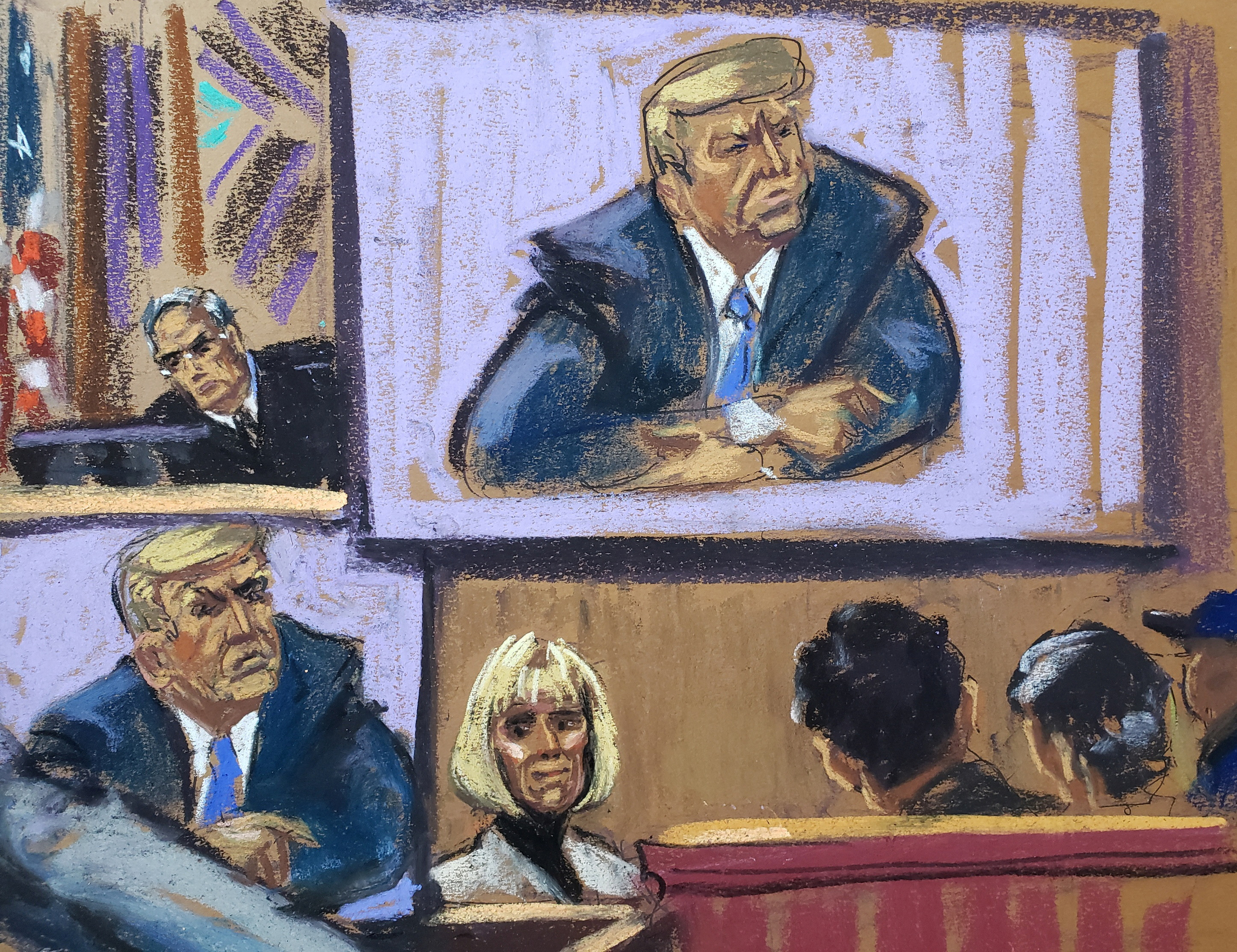 U.S. District Judge Lewis Kaplan and former Elle magazine advice columnist E. Jean Carroll watch as Joe Tacopina, lawyer of former U.S. President Donald Trump, makes closing arguments during a civil trial where Carroll accuses Trump of raping her in a department store dressing room in the mid-1990s, and of defamation, in New York, U.S., May 8, 2023 in this courtroom sketch. REUTERS/Jane Rosenberg/File Photo