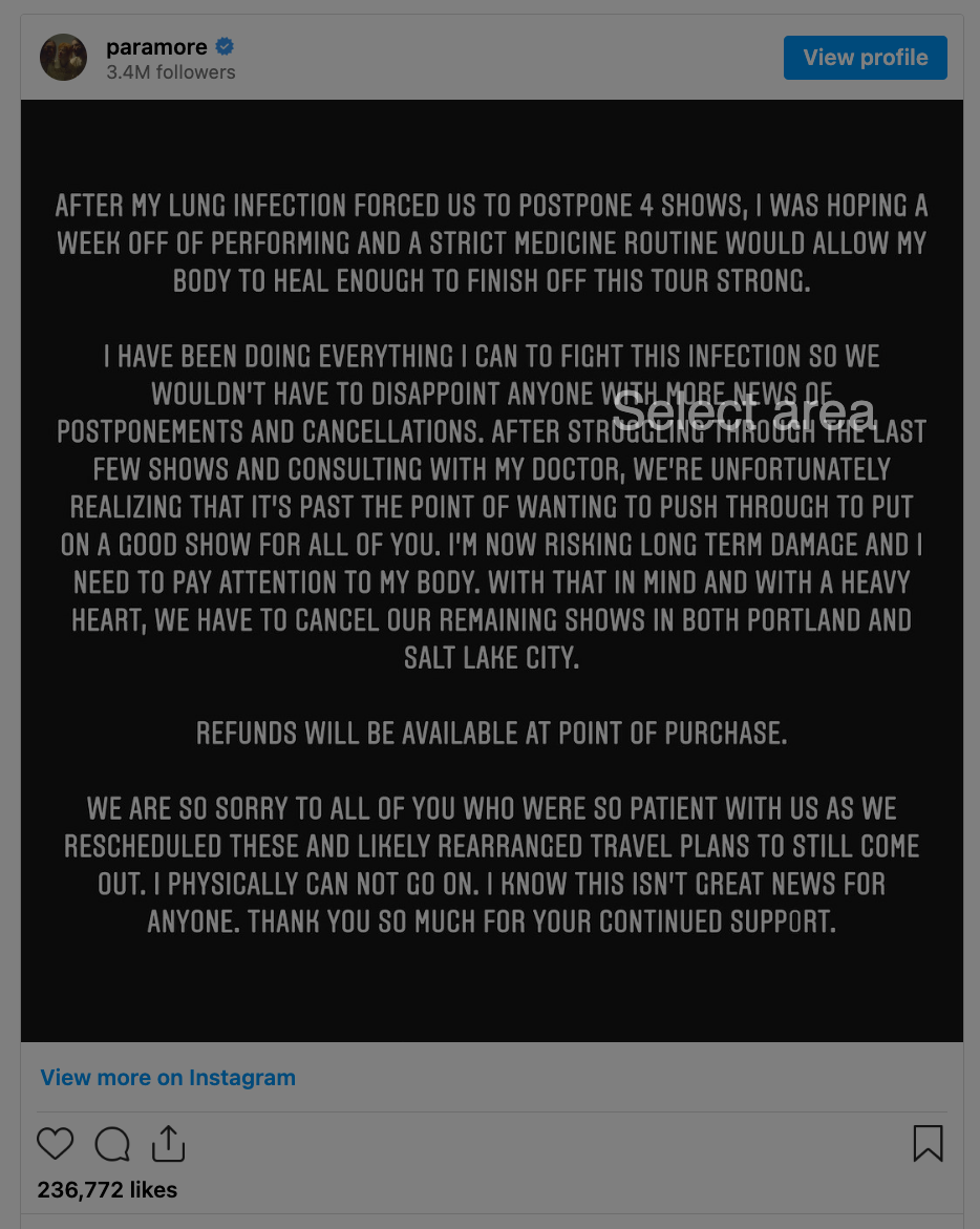 Screenshot of Hayley Williams IG story Aug 10, 2023