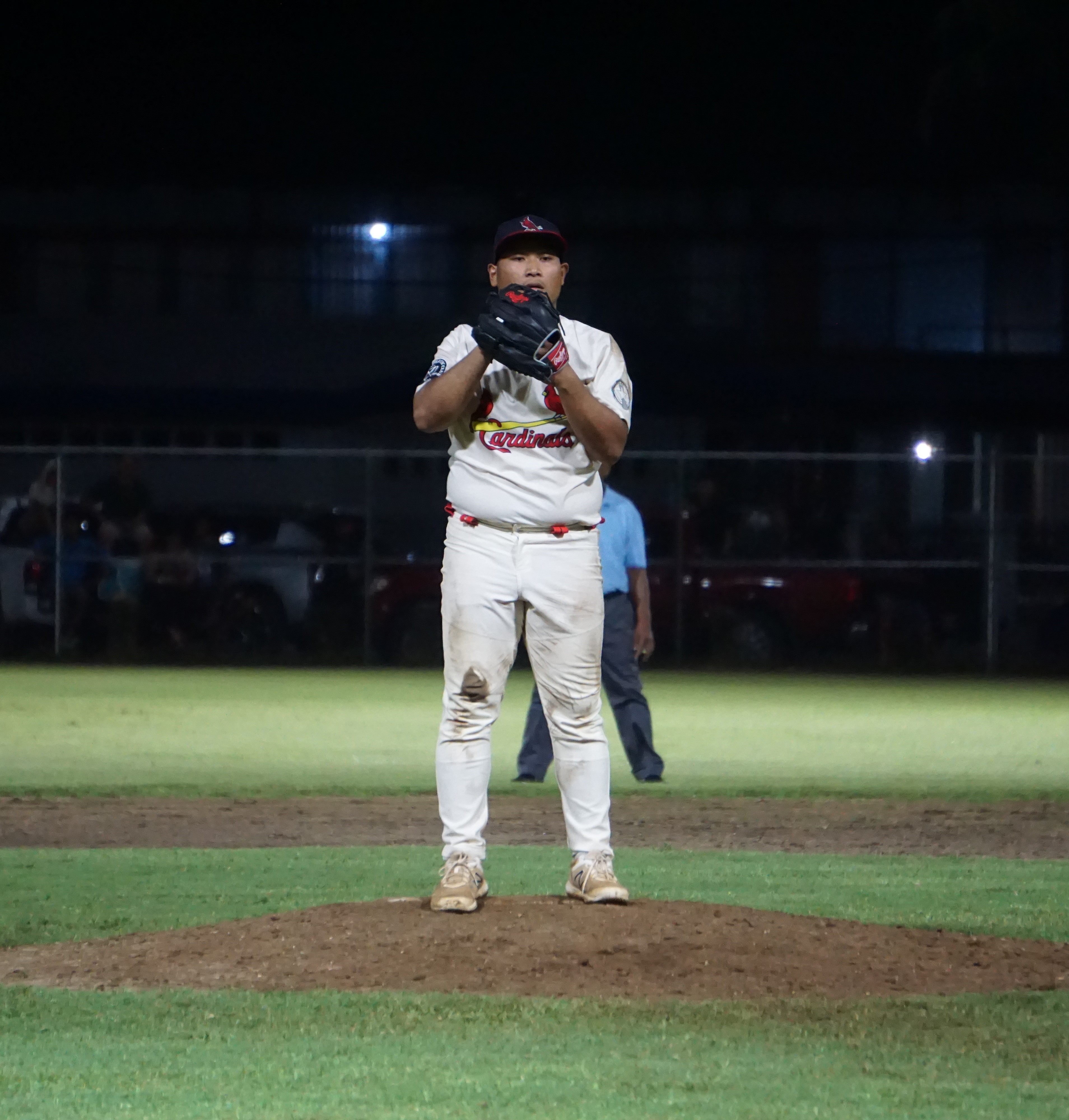 The Cardinals' Brian Camacho is about to pitch against the Junior Nationals during game 2 of the 2023 Tan Holdings Saipan Baseball League championship series on Wednesday at the Francisco "Tan Ko" Palacios Baseball Field.