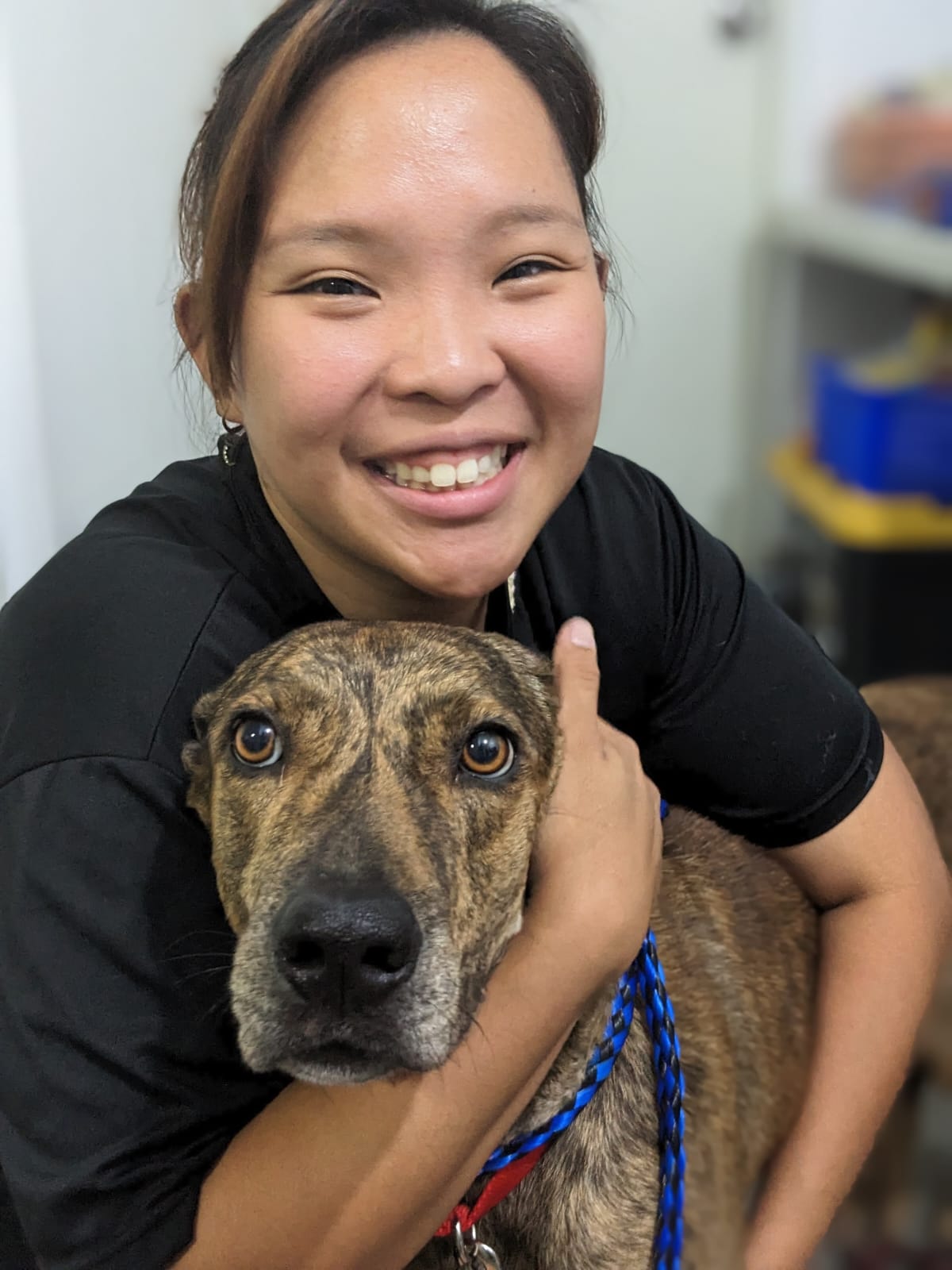Clinic Director Ruby Ma shares a moment with a canine companion.