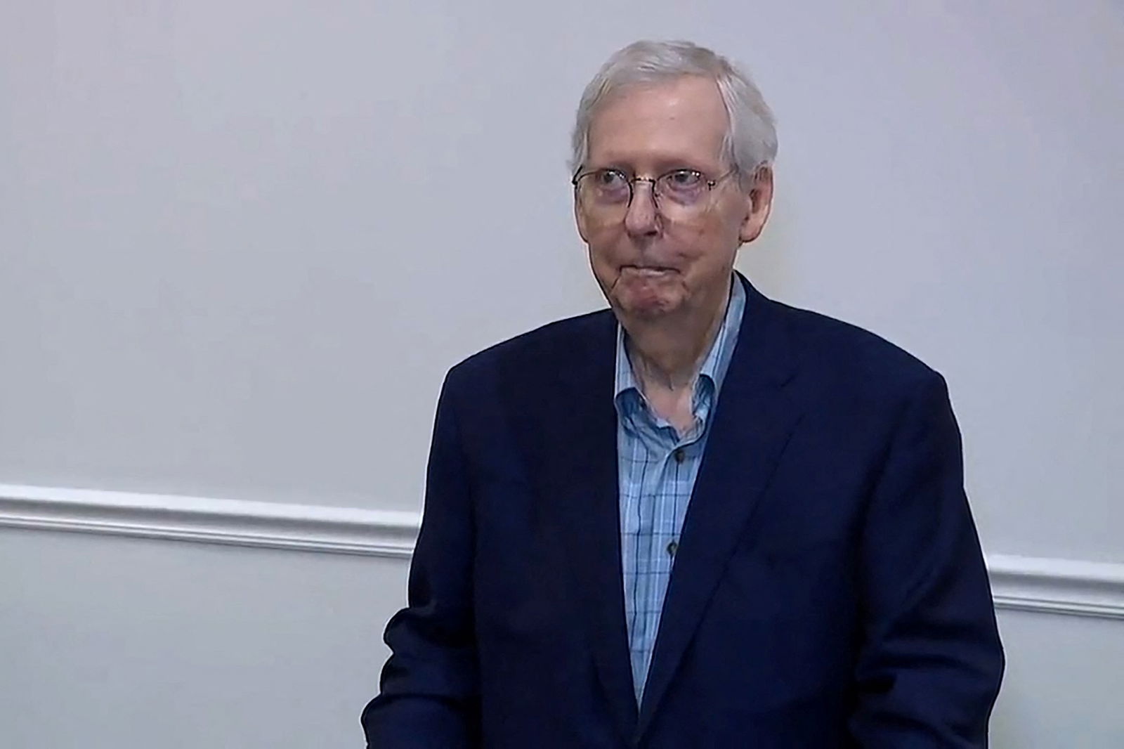 Top U.S. Senate Republican Mitch McConnell appears to freeze up for more than 30 seconds during a public appearance before he was escorted away, the second such incident in a little more than a month, after an event with the Northern Kentucky Chamber of Commerce in Covington, Kentucky, U.S. August 30, 2023 in a still image from video. ABC Affiliate WCPO via REUTERS