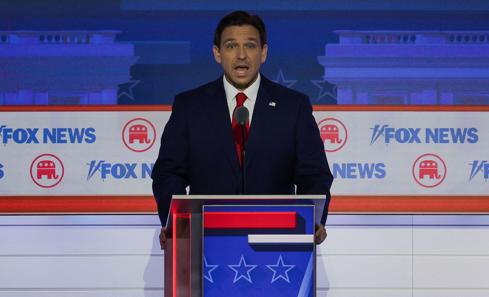 Republican presidential candidate and Florida Governor Ron DeSantis speaks at the first Republican candidates' debate of the 2024 U.S. presidential campaign in Milwaukee, Wisconsin, U.S. August 23, 2023. REUTERS/Brian Snyder/File Photo