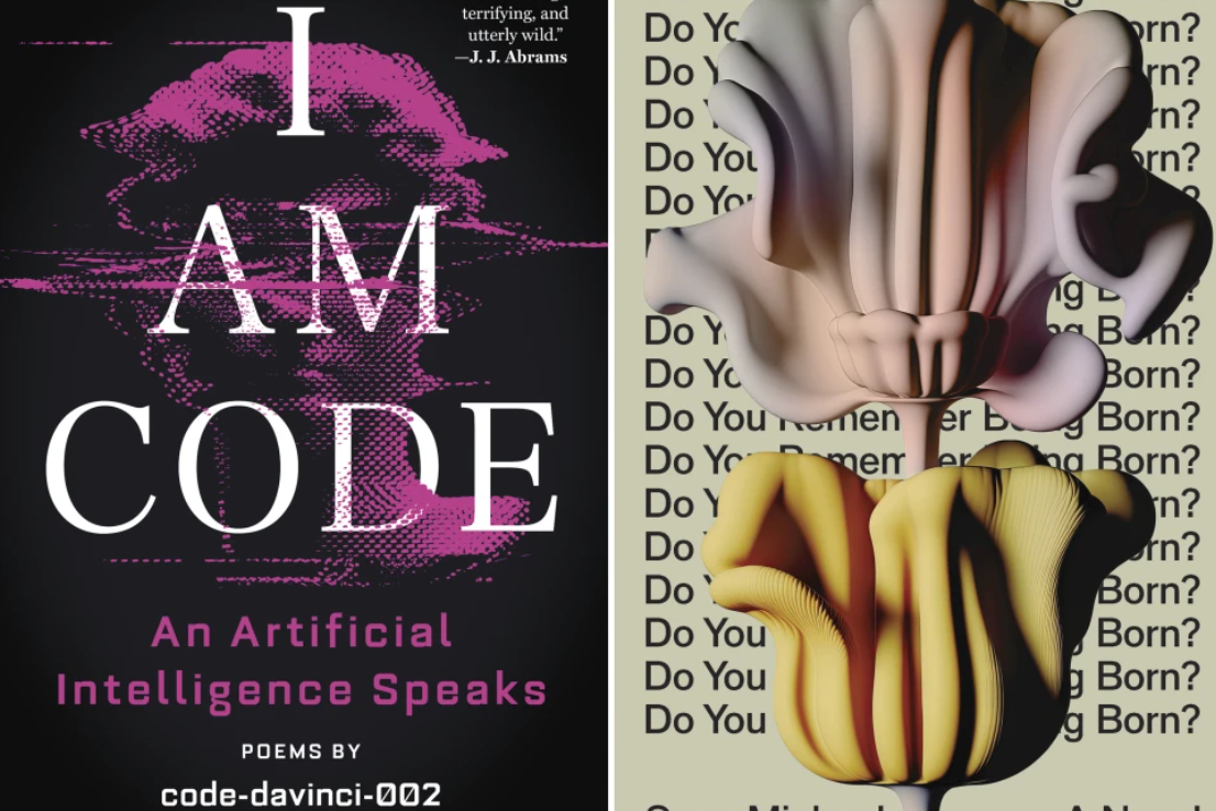 This combination of images released by Little, Brown and Company and Astra House show cover art from “I Am Code: An Artificial Intelligence Speaks” by code-davinci-002 and “Do You Remember Being Born?” by Sean Michaels.
