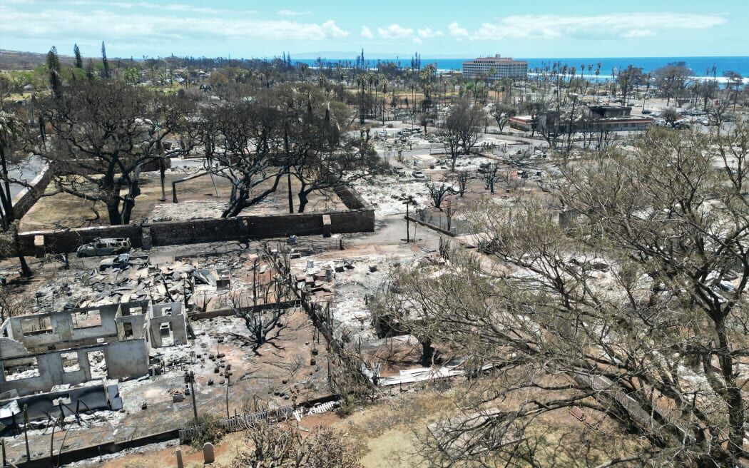 Destroyed buildings and homes in the aftermath of a wildfire in Lahaina, western Maui, Hawaii on 11 August 2023.