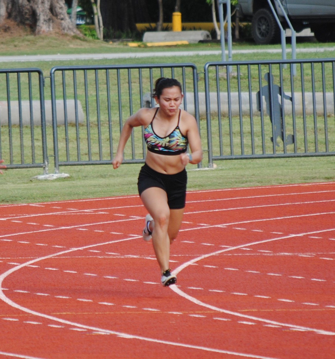 Zarinae Sapong pushes through the starting point of the 100m event during an NMA Track & Field Challenge last year at the Oleai Sports Complex. 
