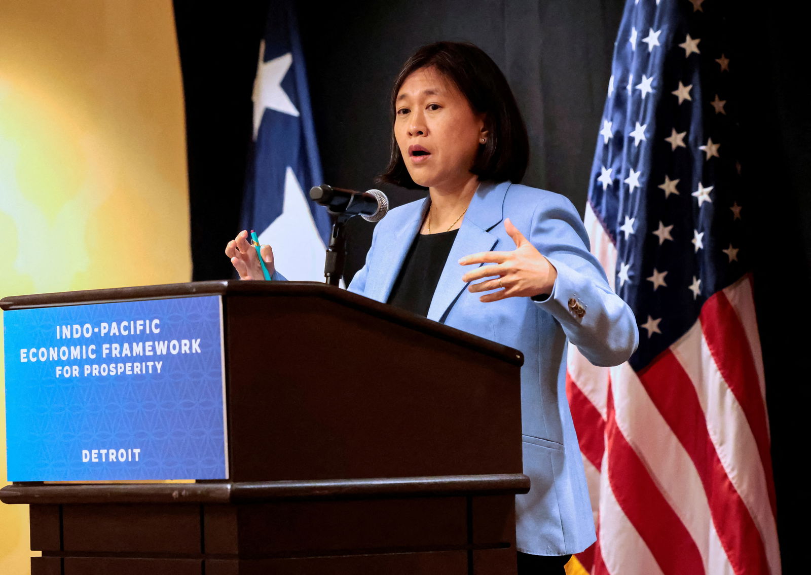 U.S. Trade Representative Katherine Tai addresses the media during the Indo-Pacific Economic Framework meeting in Detroit, Michigan U.S. May 27, 2023. REUTERS/Rebecca Cook/File Photo