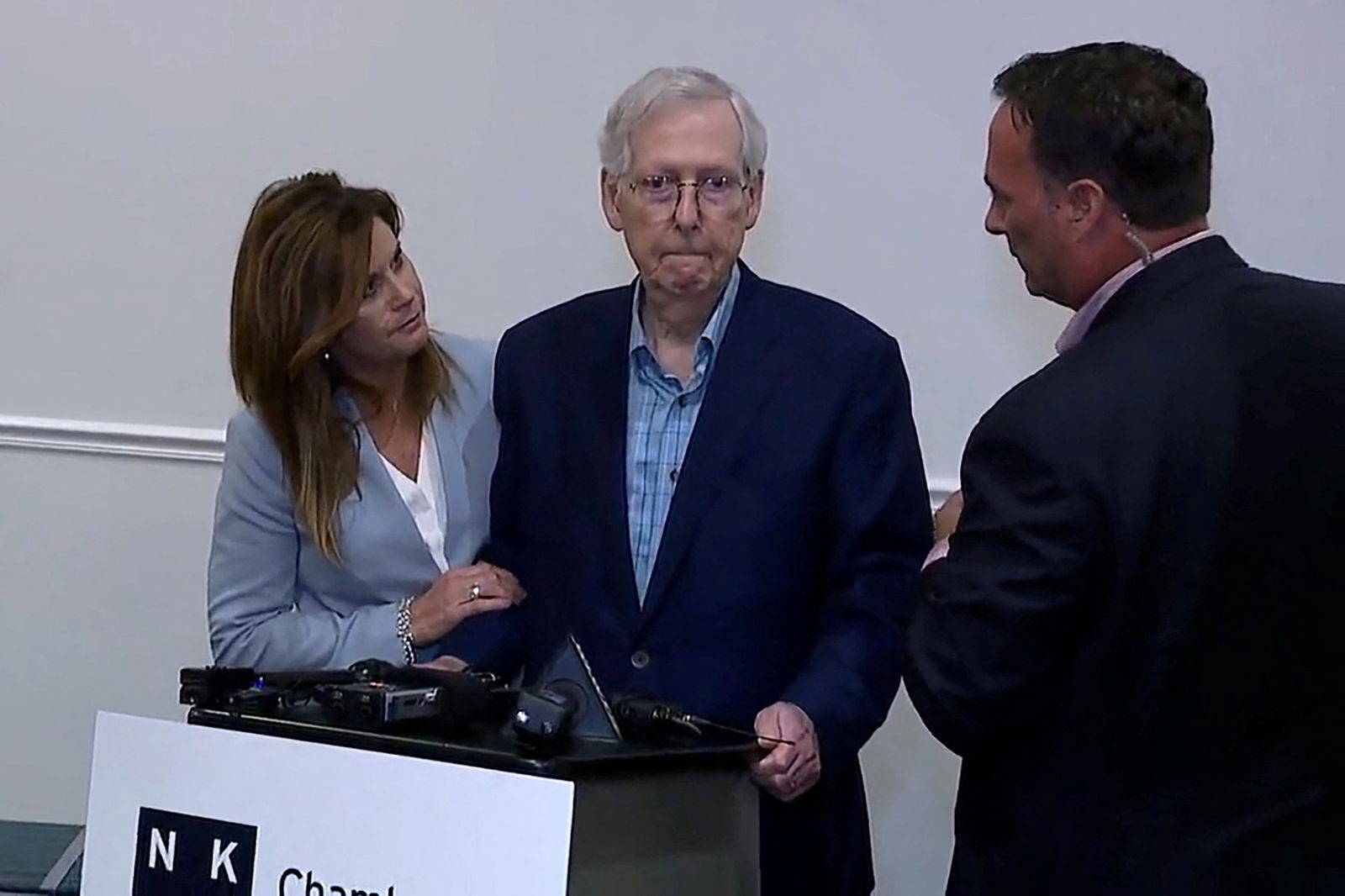 Top U.S. Senate Republican Mitch McConnell appears to freeze up for more than 30 seconds during a public appearance before he was escorted away, the second such incident in a little more than a month, after an event with the Northern Kentucky Chamber of Commerce in Covington, Kentucky, U.S. August 30, 2023 in a still image from video. ABC Affiliate WCPO via REUTERS