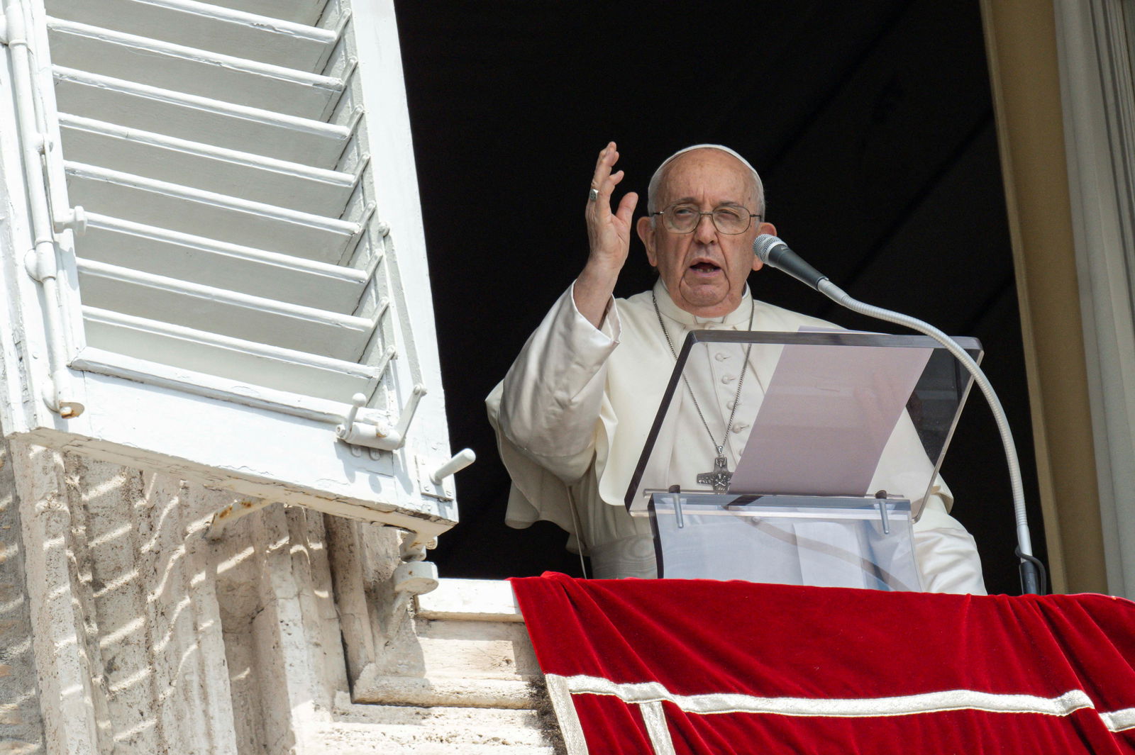 Pope Francis leads the Angelus prayer from his window at the Vatican, August 27, 2023. Vatican Media/­Handout via REUTERS/File photo