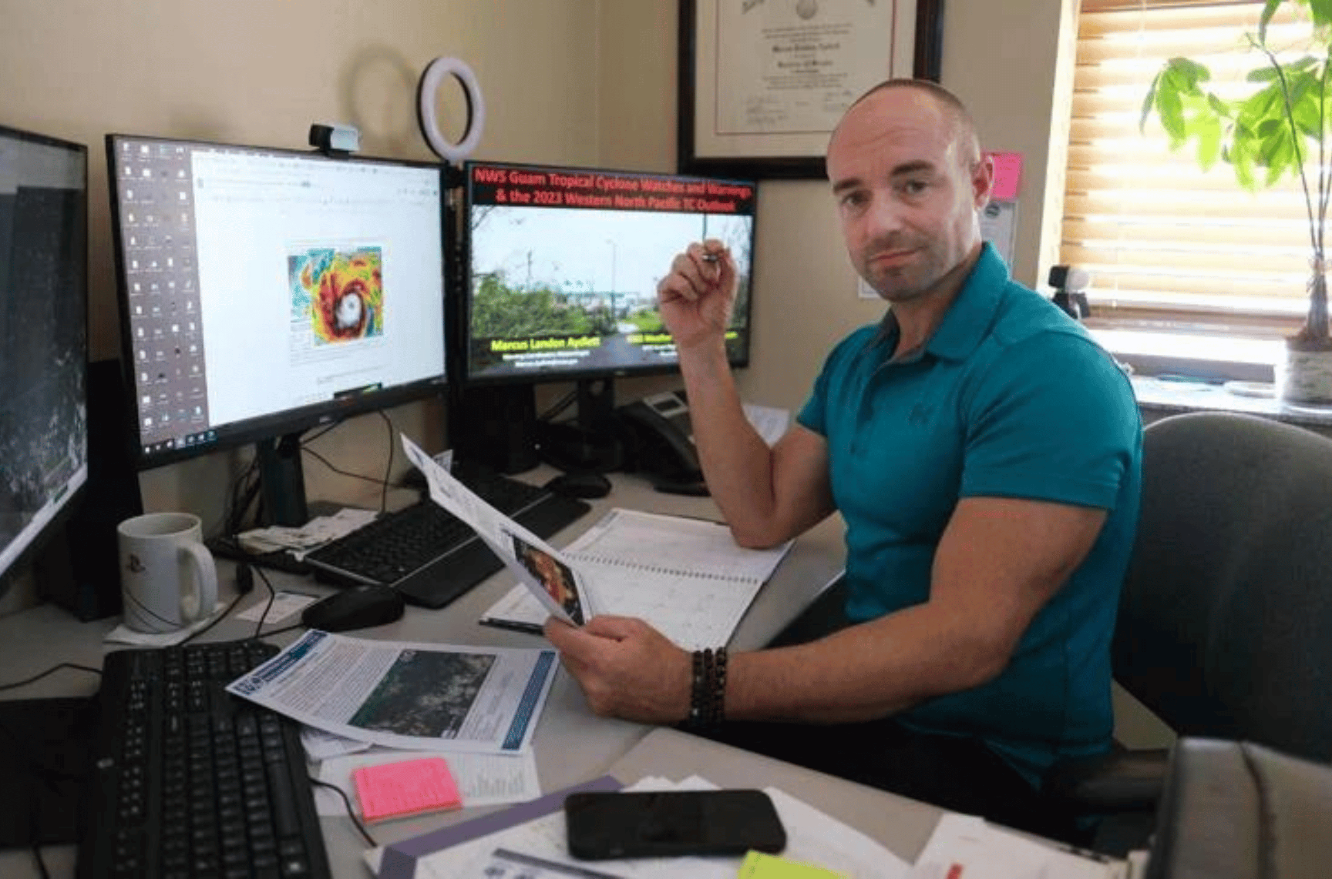 Landon Aydlett, the warning coordination meteorologist at the National Weather Service Guam Weather Forecast Office, is pictured July 3, 2023, at his office at Tiyan. 
