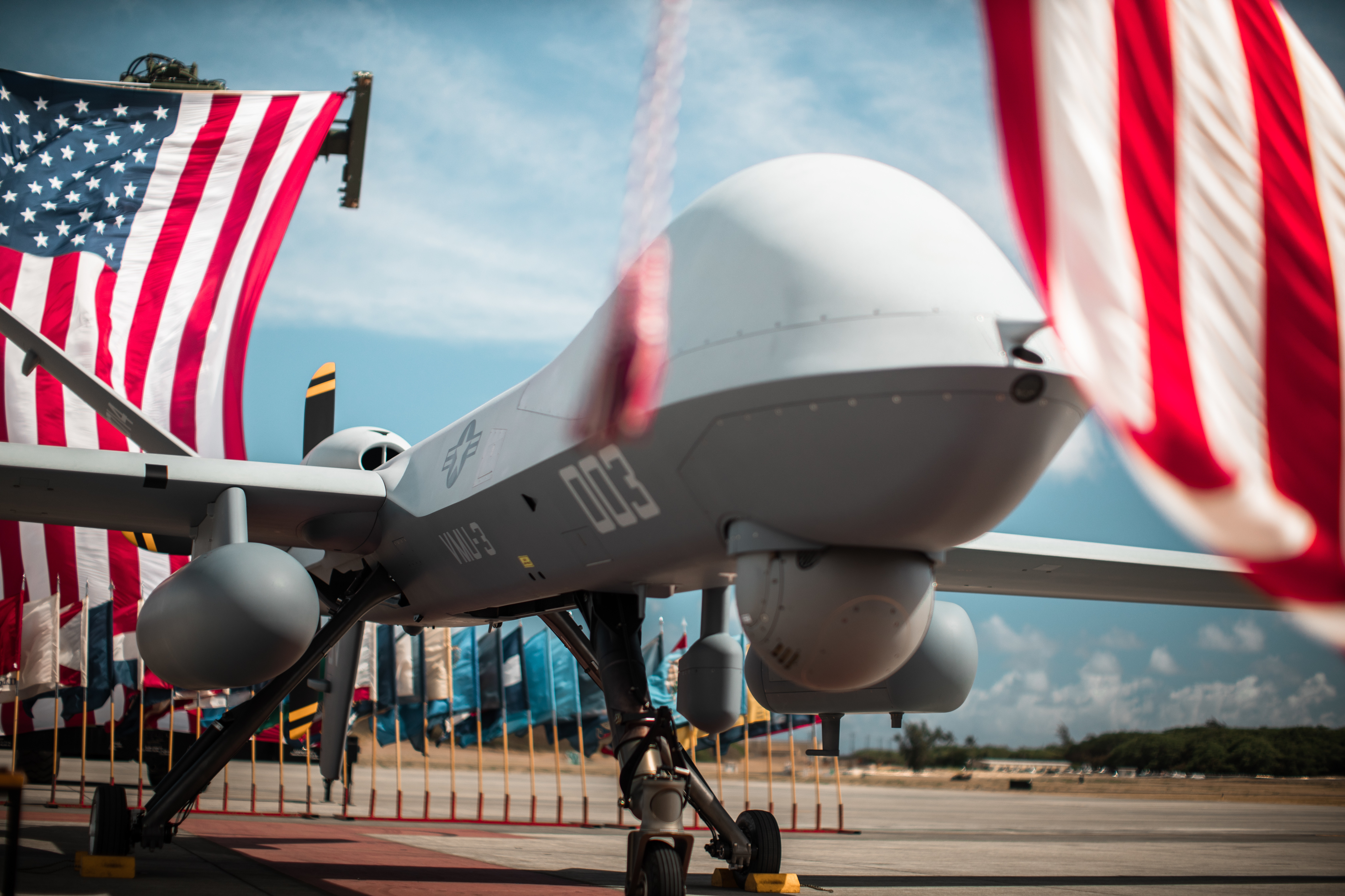 The U.S. Marine Corps MQ-9A MUX/MALE is formally unveiled during a ceremony for Marine Unmanned Aerial Vehicle Squadron 3 (VMU-3), Marine Aircraft Group 24, 1st Marine Aircraft Wing at Marine Corps Air Station Kaneohe Bay in Hawaii, Aug 2, 2023.  The ceremony commemorated the squadron’s years of dedicated effort and work to reach Initial Operational Capability with the MQ-9A. VMU-3 can support the Marine Air-Ground Task Force by providing multi-surveillance and reconnaissance, data gateway and relay capabilities, and enabling or conducting the detection and cross cueing of targets and facilitating their engagement during expeditionary, joint and combined operations.