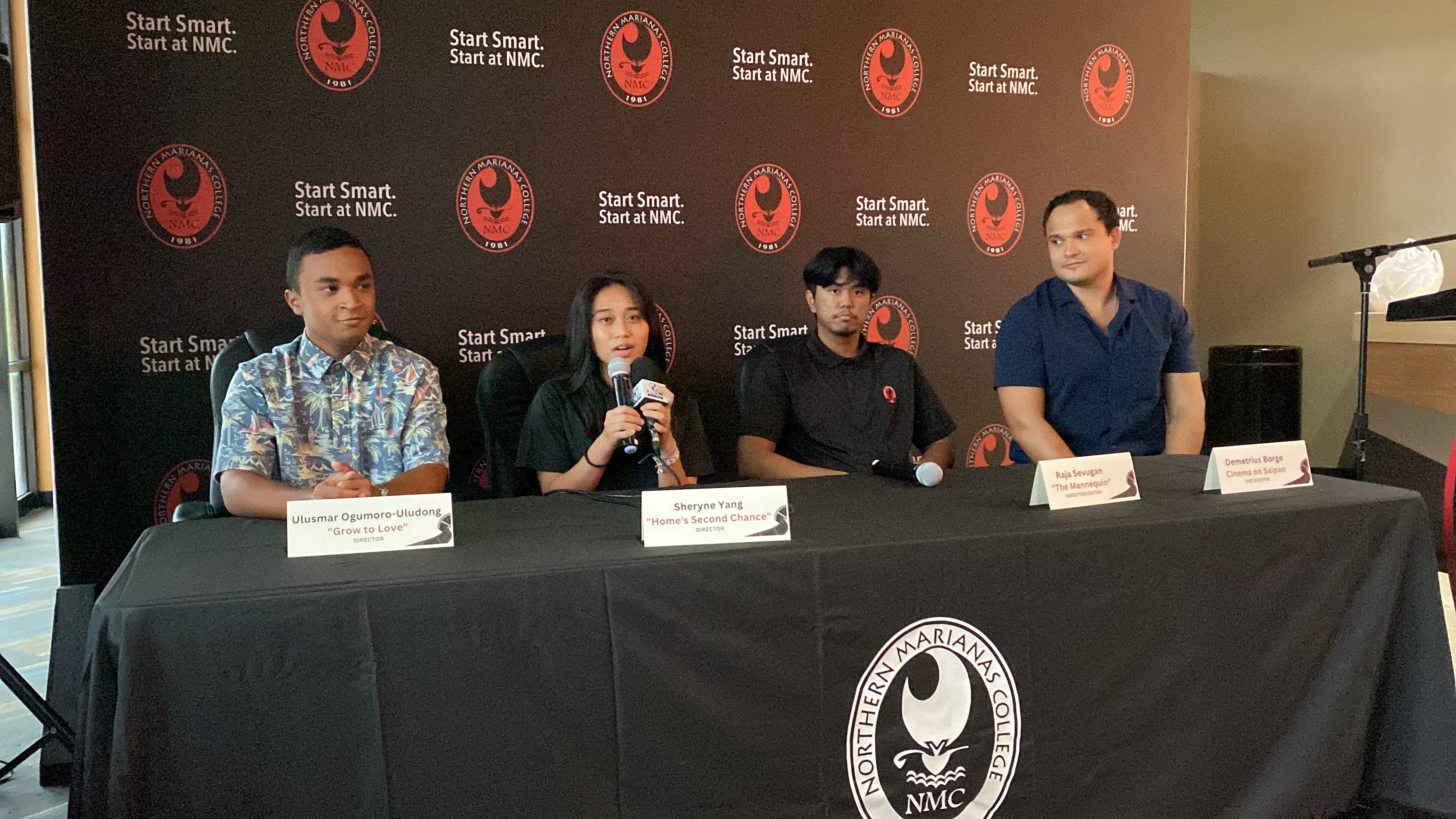 The film directors and their instructor at a press conference, post-film screening. From left, Ulusmar Ogumoro-Uludong, Sheryne Yang, Raja Savugan and Demetrius Borge.