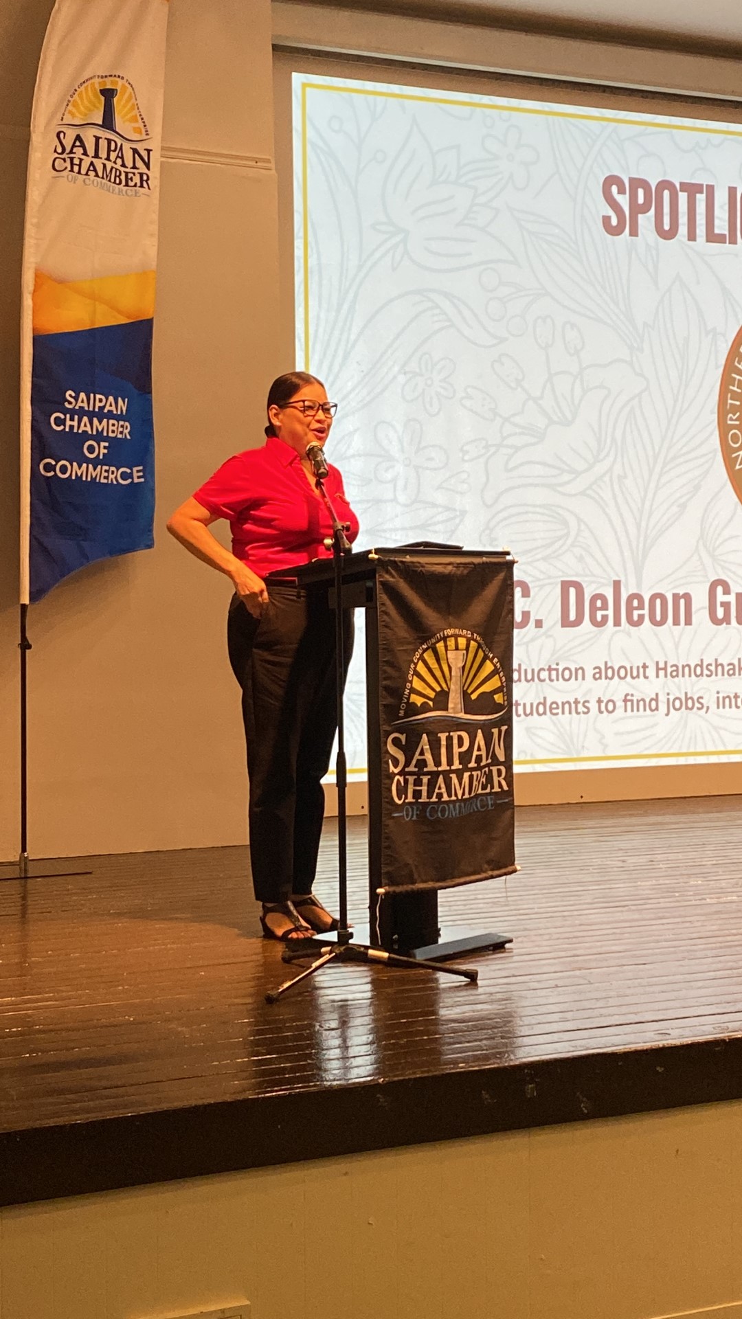 Neda Deleon Guerrero, Northern Marianas College career manager, talks about “Handshake” during a meeting of the Saipan Chamber of Commerce on Aug. 2, 2023 at Crowne Plaza Resort Saipan.