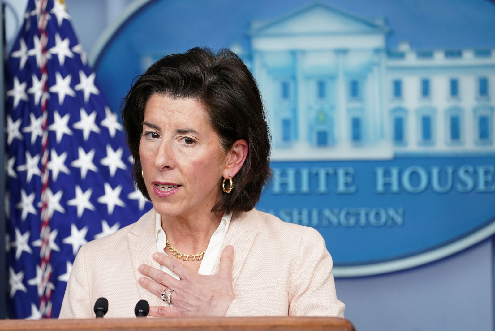 U.S. Secretary of Commerce Gina Raimondo speaks during a press briefing at the White House in Washington, D.C., April 7, 2021. 