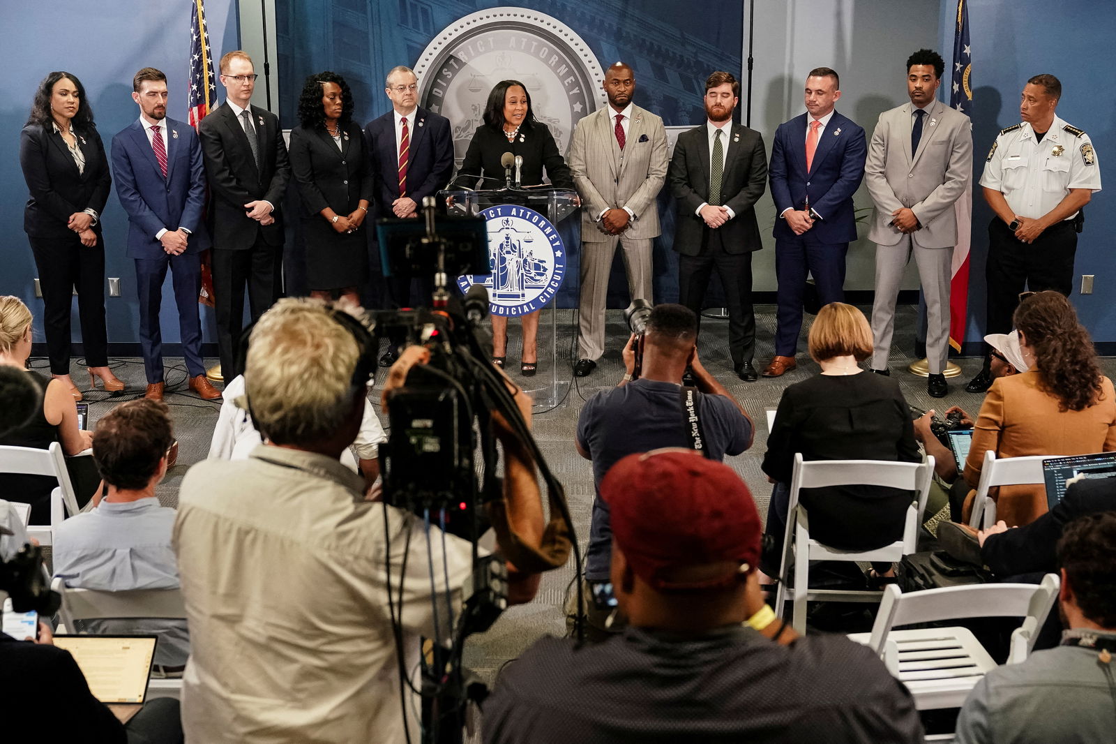 Fulton County District Attorney Fani Willis speaks to the media after a Grand Jury brought back indictments against former president Donald Trump and his allies in their attempt to overturn the state's 2020 election results, in Atlanta, Georgia, U.S. August 14, 2023. REUTERS/Elijah Nouvelage/File Photo
