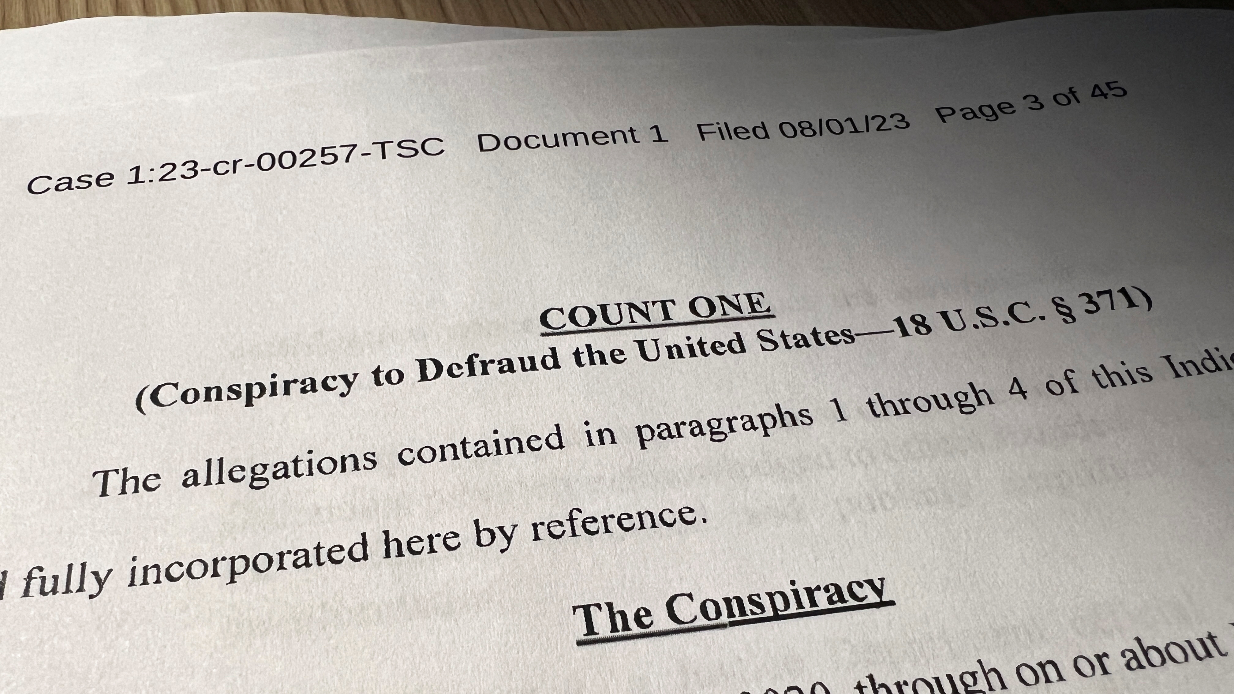 Count One of an indictment against former U.S. President Donald Trump is seen after he was hit with criminal charges for a third time in four months - this time arising from efforts to overturn his 2020 U.S. election defeat, in a photo illustration August 1, 2023. REUTERS/Kevin Fogarty/Photo Illustration