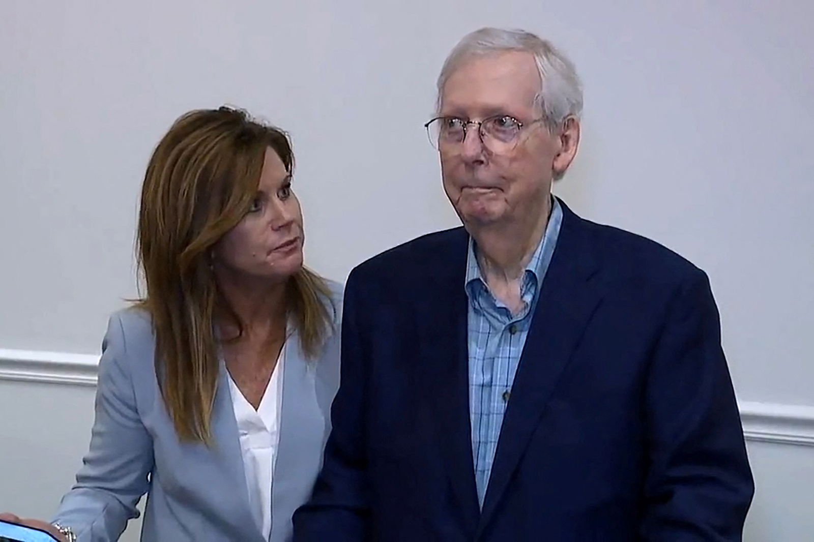 Top U.S. Senate Republican Mitch McConnell appears to freeze up for more than 30 seconds during a public appearance before he was escorted away, the second such incident in a little more than a month, after an event with the Northern Kentucky Chamber of Commerce in Covington, Kentucky, U.S. August 30, 2023 in a still image from video. ABC Affiliate WCPO via REUTERS