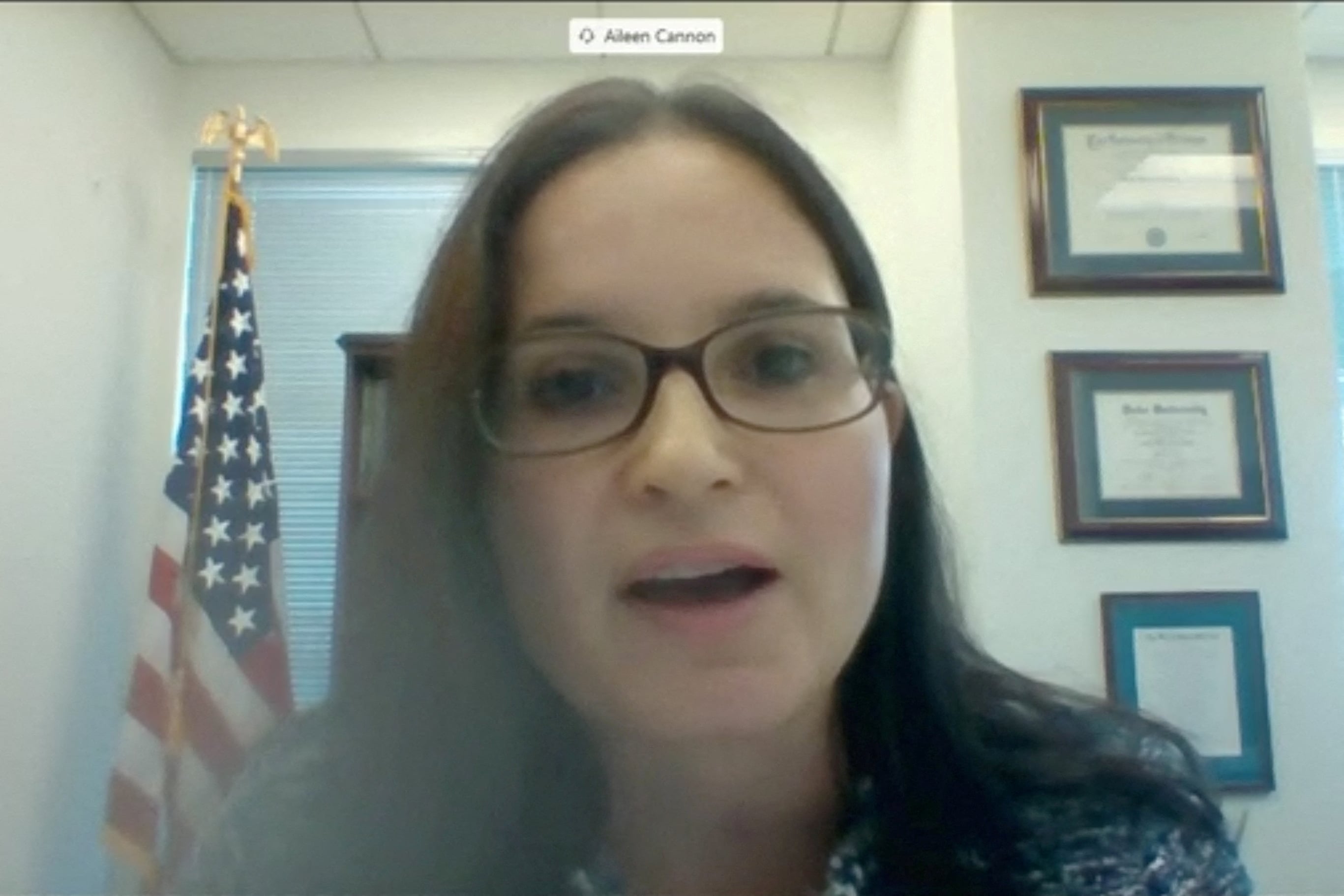 Aileen Cannon, the Florida judge initially assigned to oversee Donald Trump's classified documents case, answers questions during her nomination hearing by the U.S. Senate Committee on the Judiciary at the Dirksen Senate Office Building in Washington, U.S. July 29, 2020 in a still image from video. Pool via REUTERS/File Photo