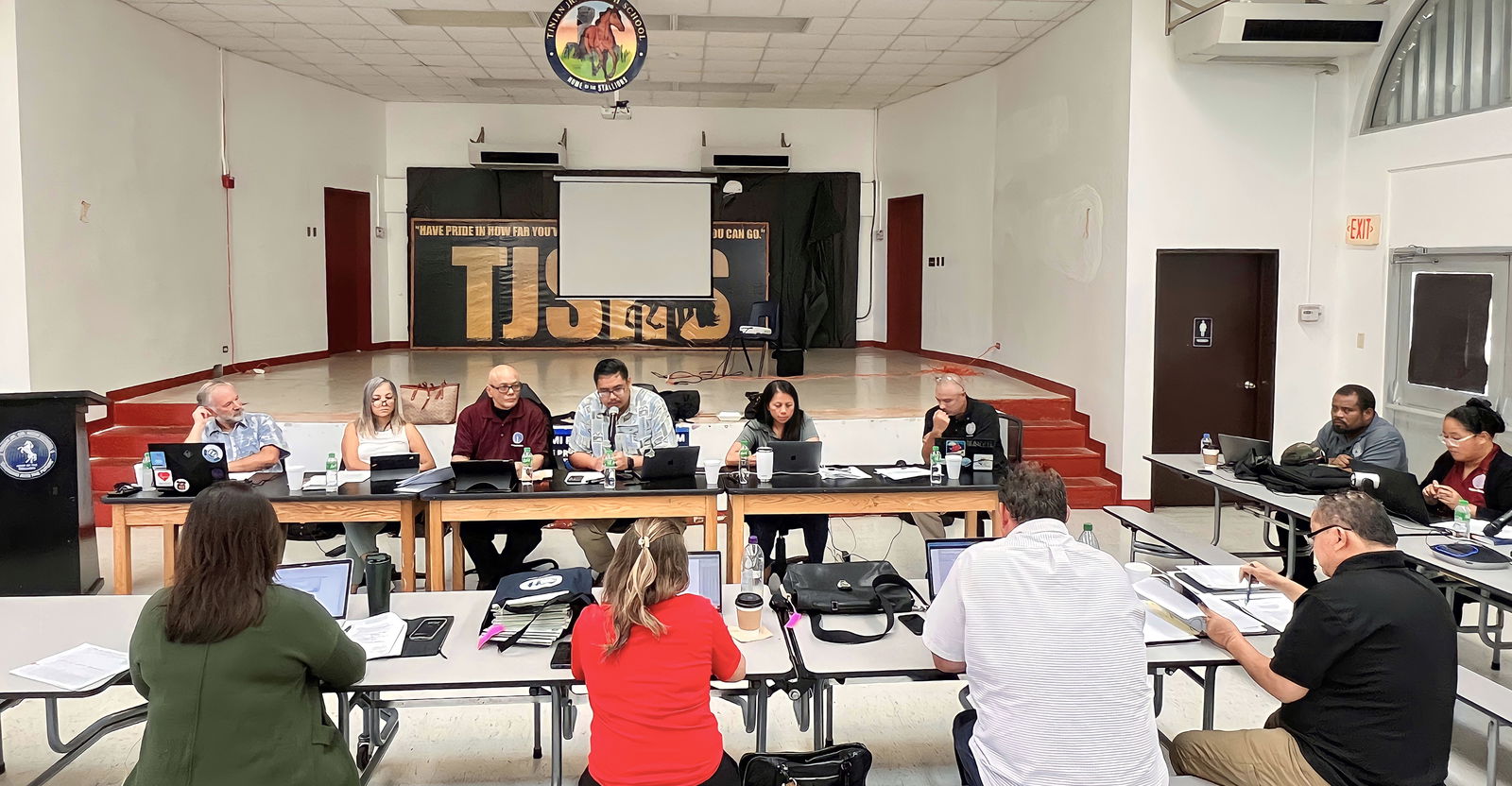 Board of Education Chairman Antonio L. Borja, Vice Chairman Herman Atalig, Secretary/Treasurer Gregory Pat Borja, Member Maisie B. Tenorio, Teacher Representative Dr. Dora Borja Miura, and Non-Public School Representative Dr. Ron Snyder meet in the cafeteria of Tinian Jr.-Sr. High School on Wednesday. Member Andrew Orsini attended virtually.