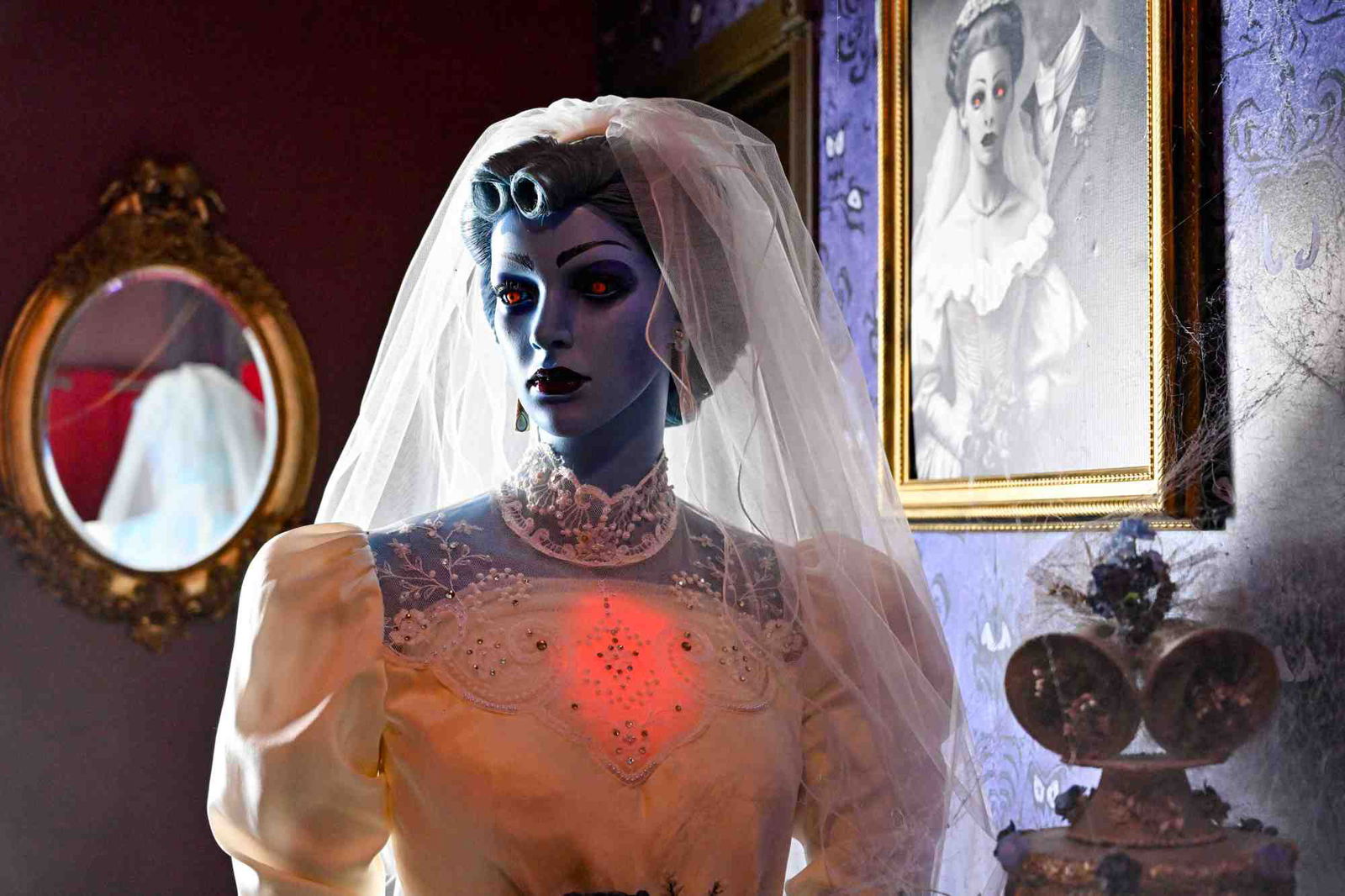 Constance Hatchaway, also known as The Black Widow Bride, outside the game room of a Haunted Mansion-themed Airbnb in Fullerton, California, on July 17, 2023. (Jeff Gritchen/Orange County Register/TNS)