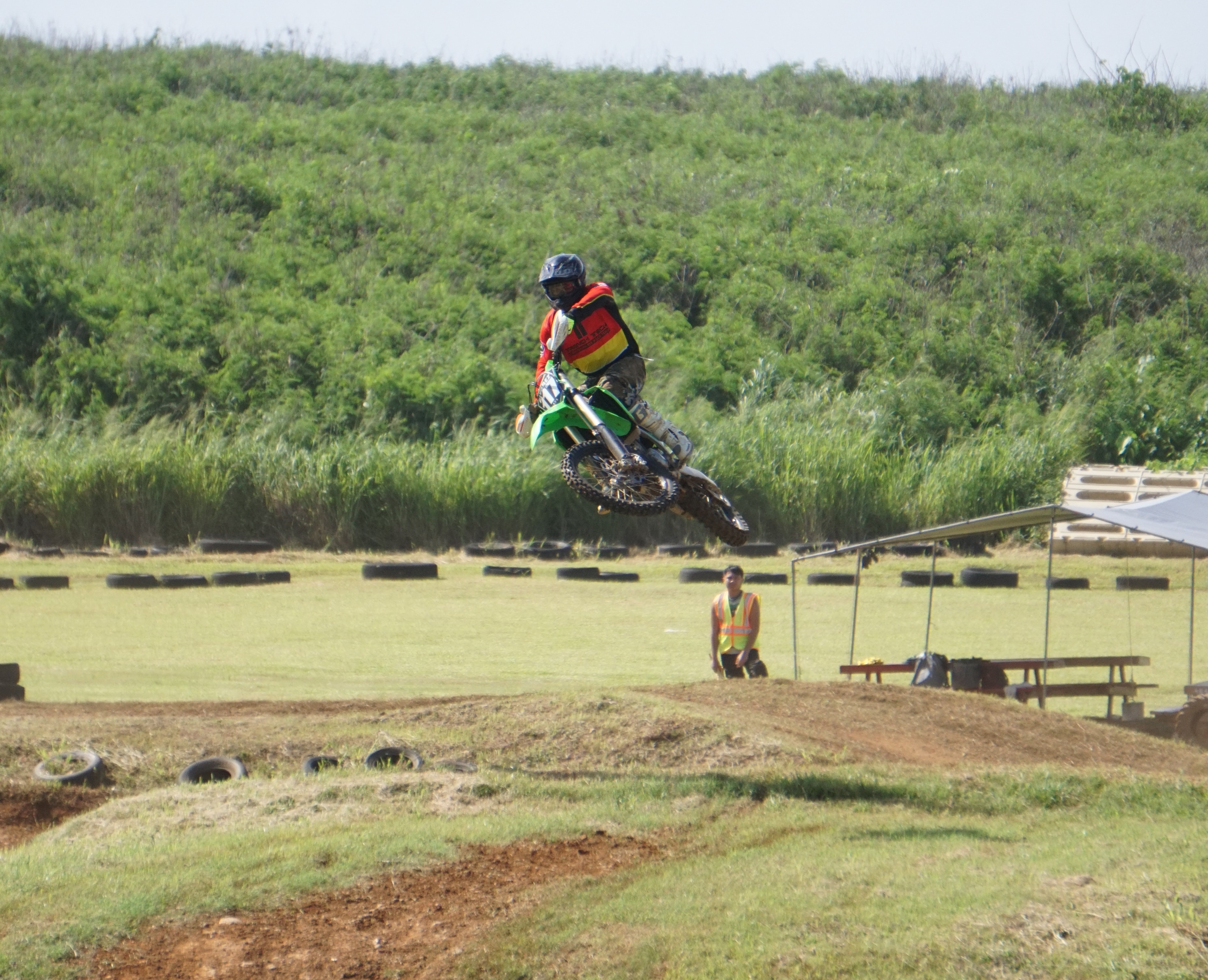 Shane Alvarez jumps off the finish line in style during round 7 of the 2023 MRA Monster Energy Points race series Sunday at Cowtown Raceway Park.