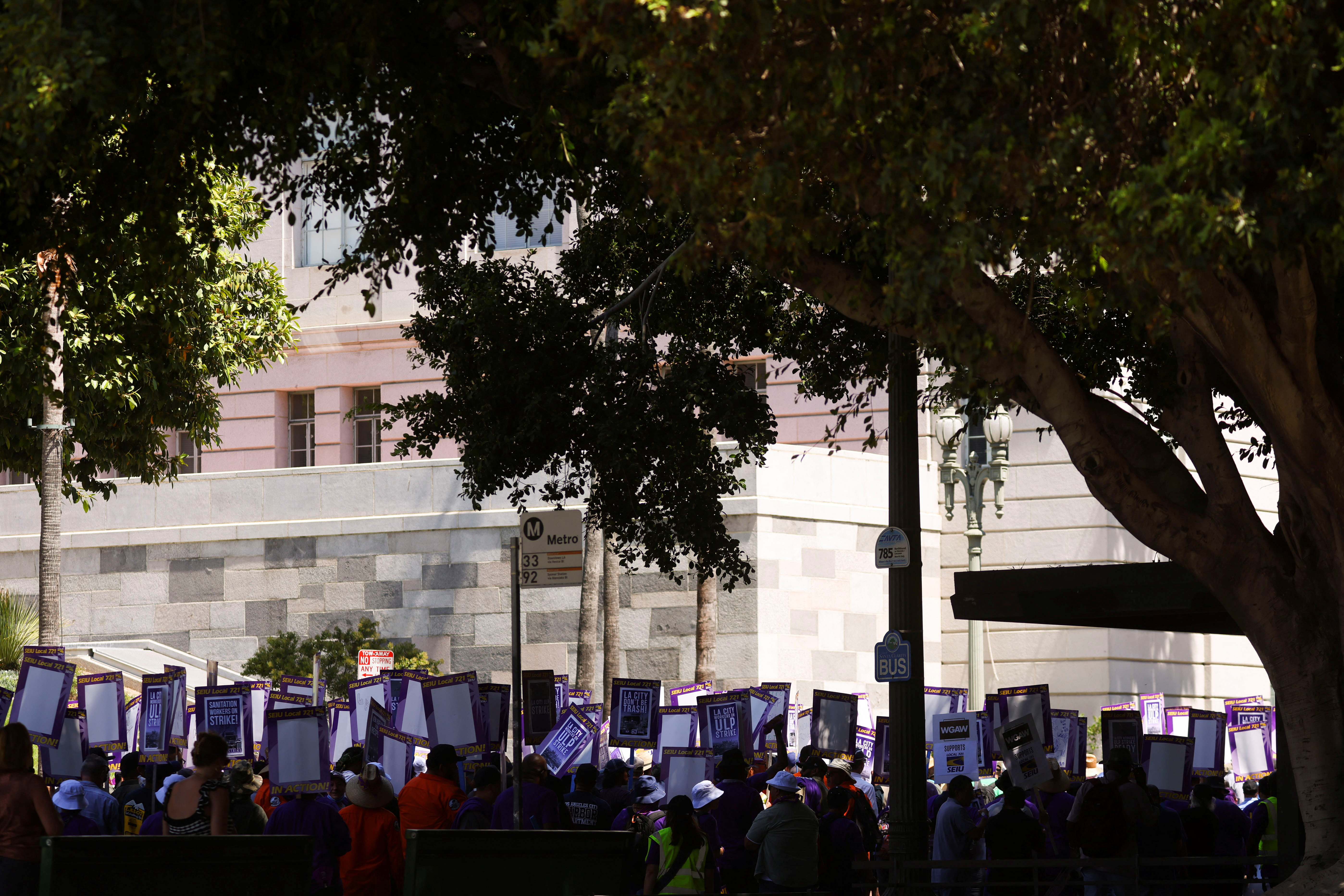 Los Angeles city workers hold a rally during a one-day walkout strike in protest over labor negotiations, in Los Angeles, California, U.S., August 8, 2023. REUTERS/Mike Blake