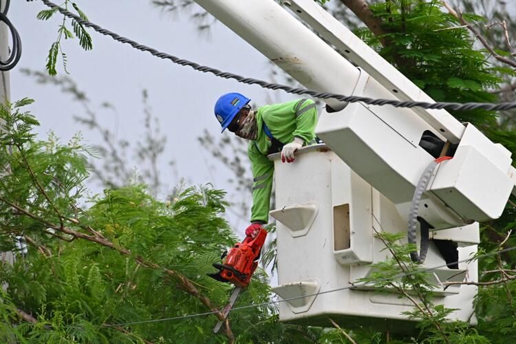 A GPA worker uses a chainsaw to cut trees around power lines Tuesday, July 11, 2023, along Old Perez Coral Road in Barrigada. 