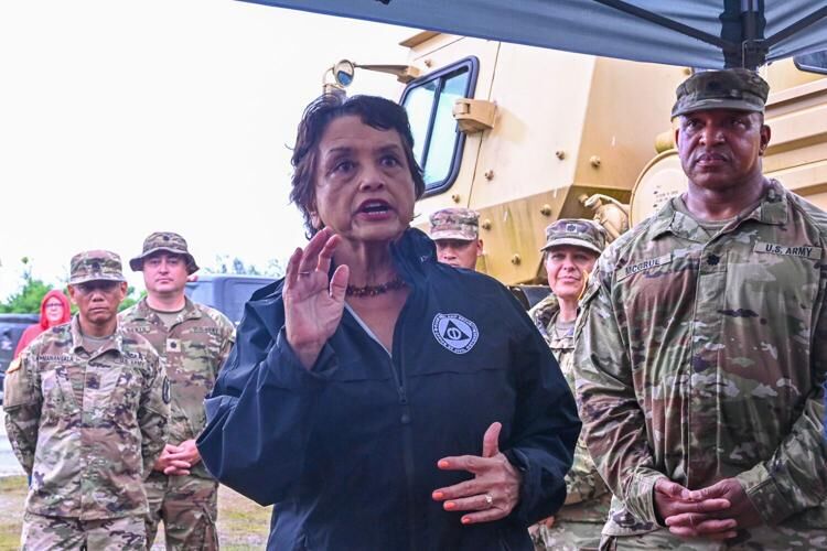 Gov. Lou Leon Guerrero speaks during a completion ceremony marking the final RISE UP roof repair July 27, 2023, in Dededo.