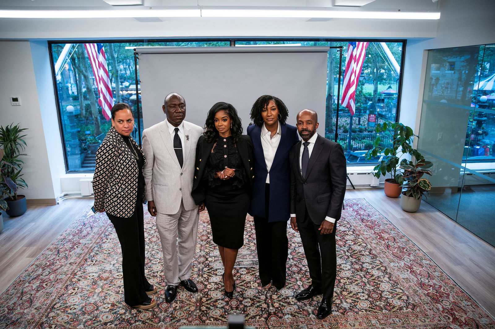 Attorney Ben Crump, Fearless Fund co-partners Arian Simone, Ayana Parsons, Lead counsel Mylan Denerstein and Co-Counsel Alphonso David pose for a picture at the end of a press conference in New York, U.S., August 10, 2023. REUTERS/Eduardo Munoz