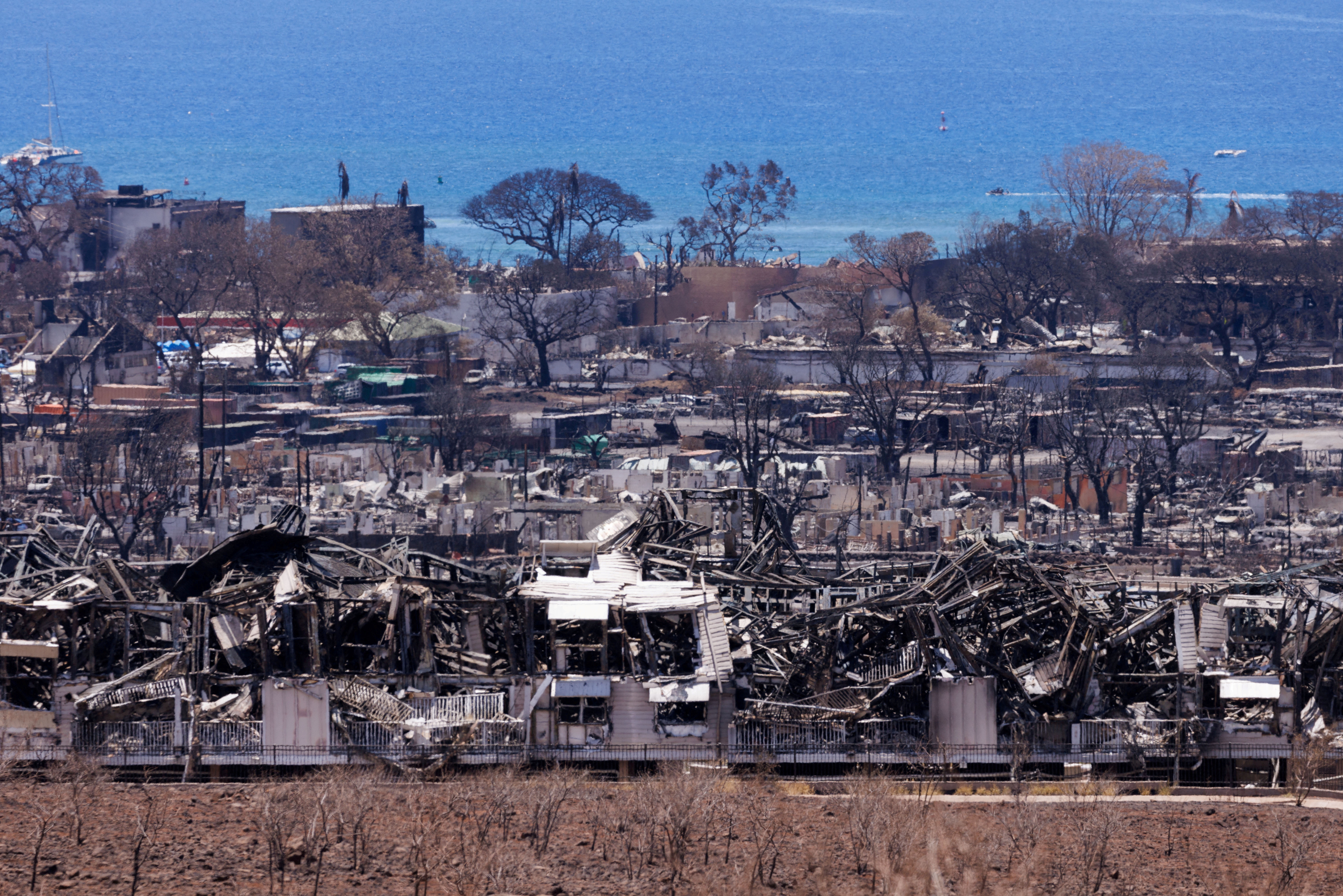 The fire ravaged town of Lahaina on the island of Maui in Hawaii, U.S., August 15, 2023. REUTERS/Mike Blake/File Photo