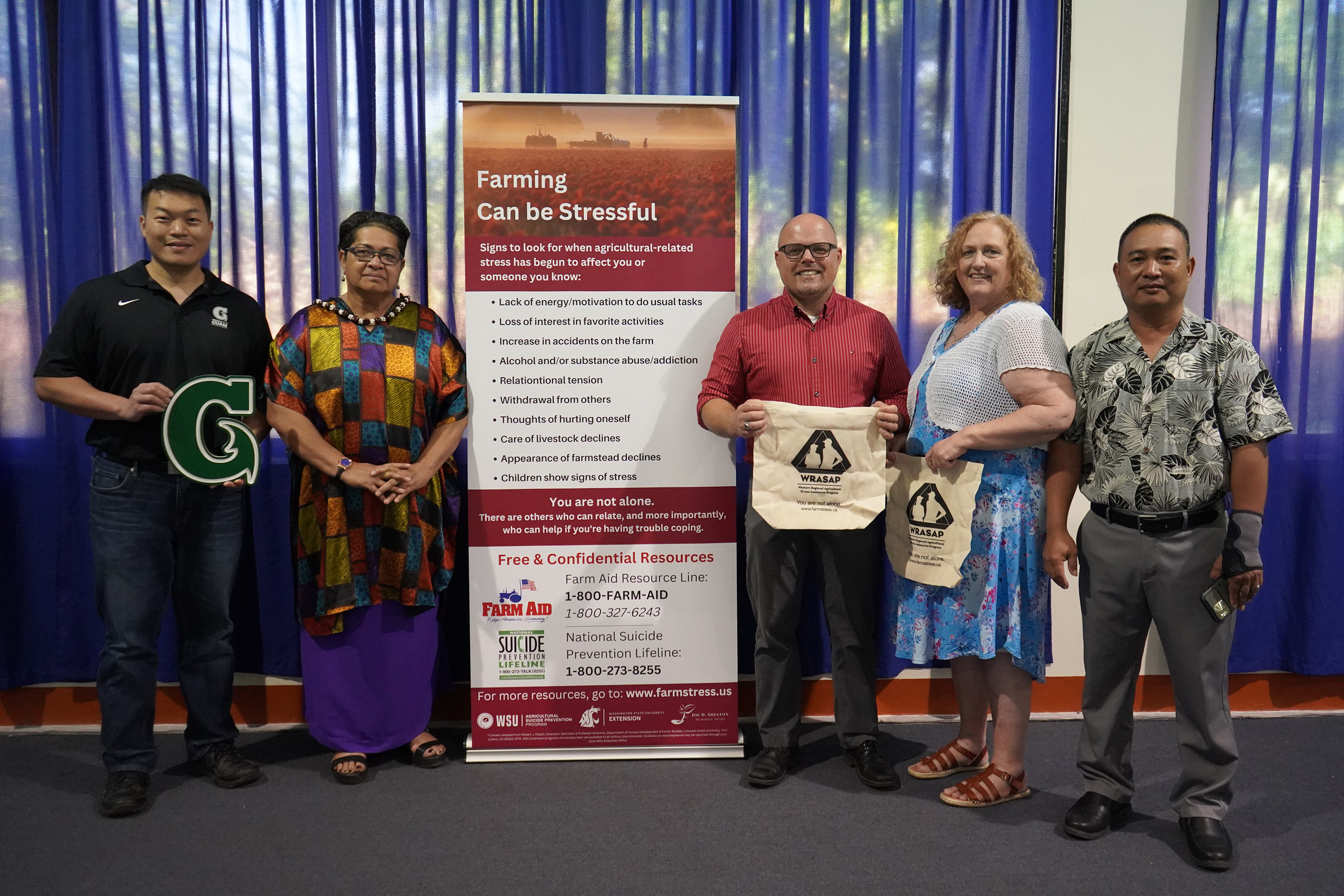 From left, regional partners of the Western Region Agricultural Stress Assistance Program: Dr. Kuan-Ju Chen, assistant professor and Farmer Focus Project lead, University of Guam; Dr. Theresa Koroivulaono, president, College of Micronesia-FSM; Don McMoran, project director, WRASAP; Julie Jesmer, program coordinator, WRASAP; and Steven Young-Uhk, extension director, College of Micronesia-FSM. 