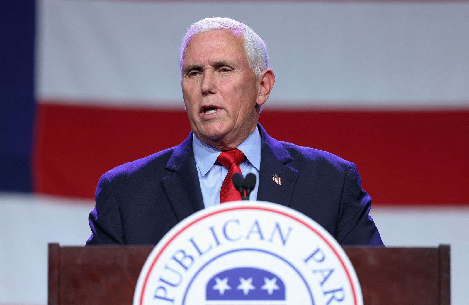 Former U.S. Vice President and Republican presidential candidate Mike Pence speaks at the Republican Party of Iowa's Lincoln Day Dinner in Des Moines, Iowa, U.S., July 28, 2023. REUTERS/Scott Morgan/File Photo