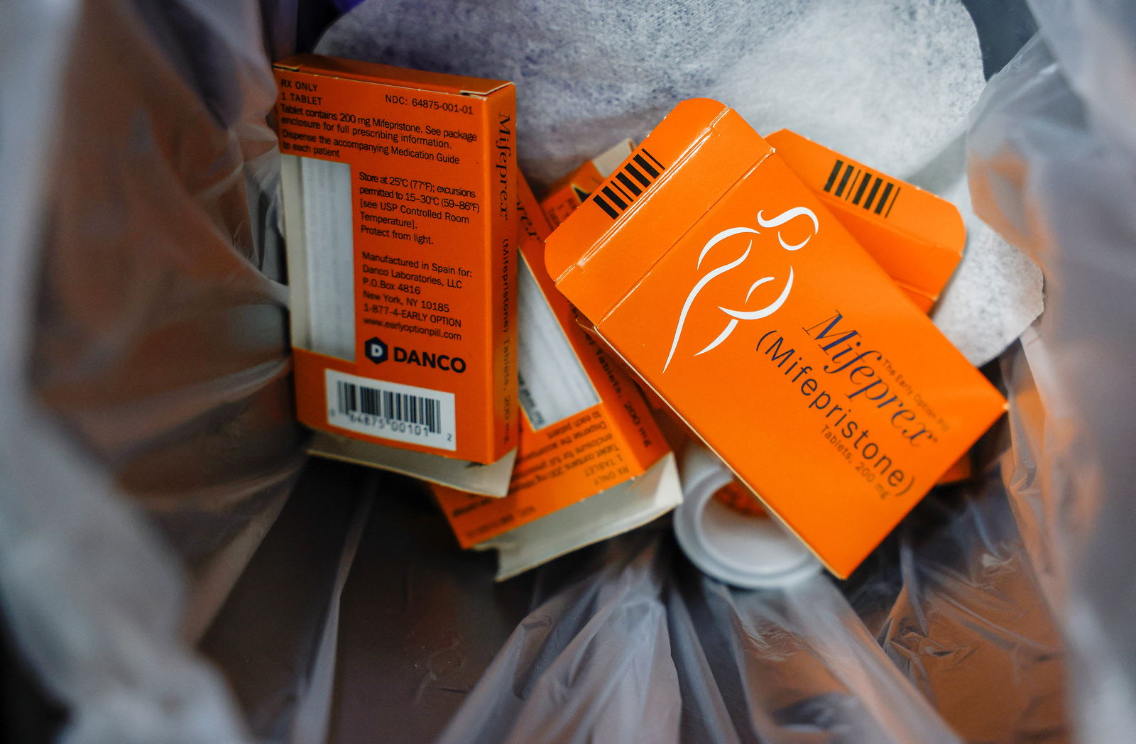 Used boxes of Mifepristone, the first pill in a medical abortion, line a trash can at Alamo Women's Clinic in Carbondale, Illinois, U.S., April 20, 2023. REUTERS/Evelyn Hockstein/File photo