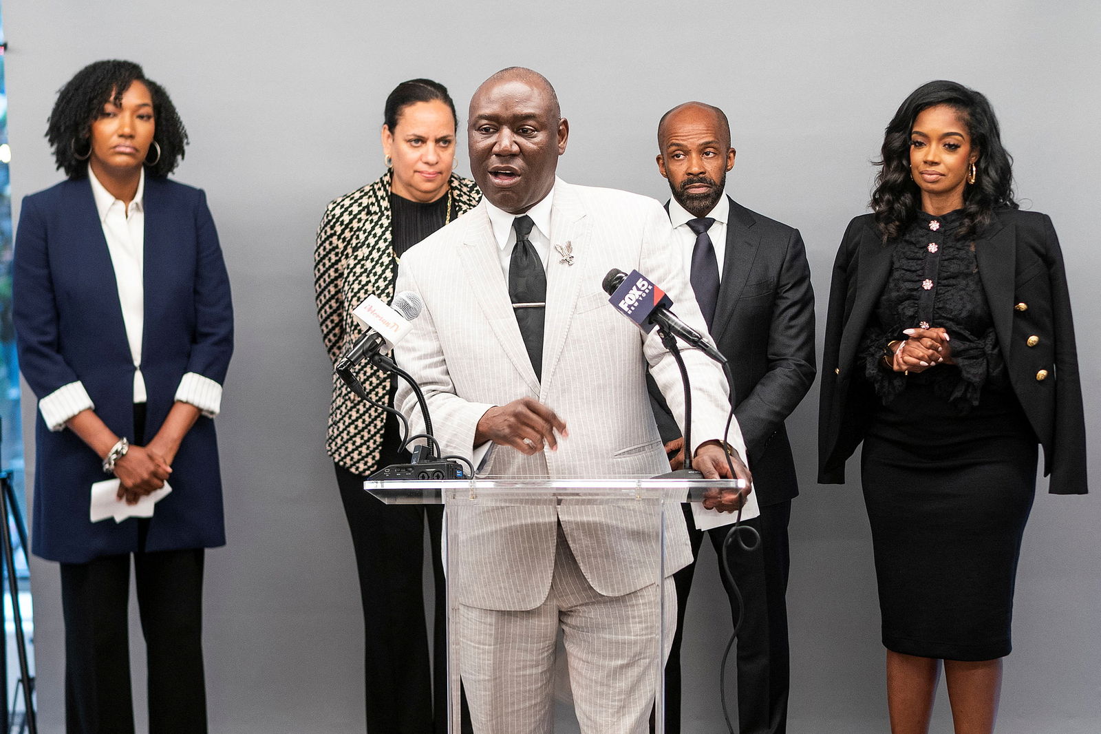 Attorney Ben Crump speaks to the media next to Fearless Fund co-partners Arian Simone and Ayana Parsons during a press conference in New York, U.S., August 10, 2023. REUTERS/Eduardo Munoz