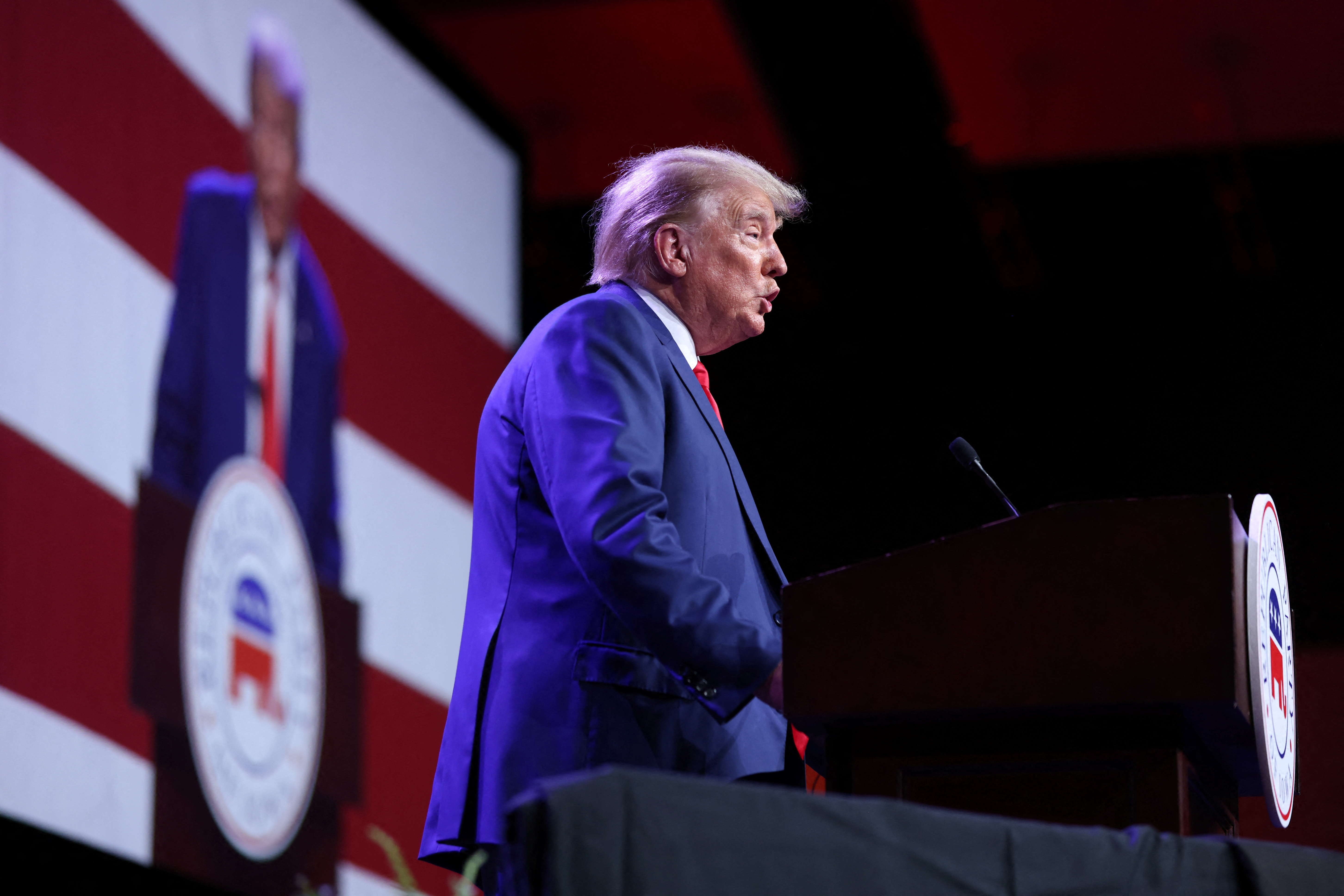 Former U.S. President and Republican presidential candidate Donald Trump speaks at the Republican Party of Iowa's Lincoln Day Dinner in Des Moines, Iowa, U.S., July 28, 2023. REUTERS/Scott Morgan/File Photo