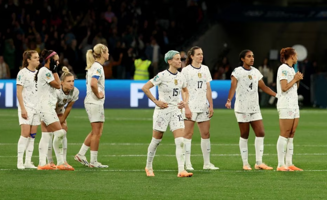 Megan Rapinoe of the U.S. and teammates look dejected as the United States are knocked out of the World Cup by Sweden at the Melbourne Rectangular Stadium, Melbourne, Australia, Aug. 6, 2023