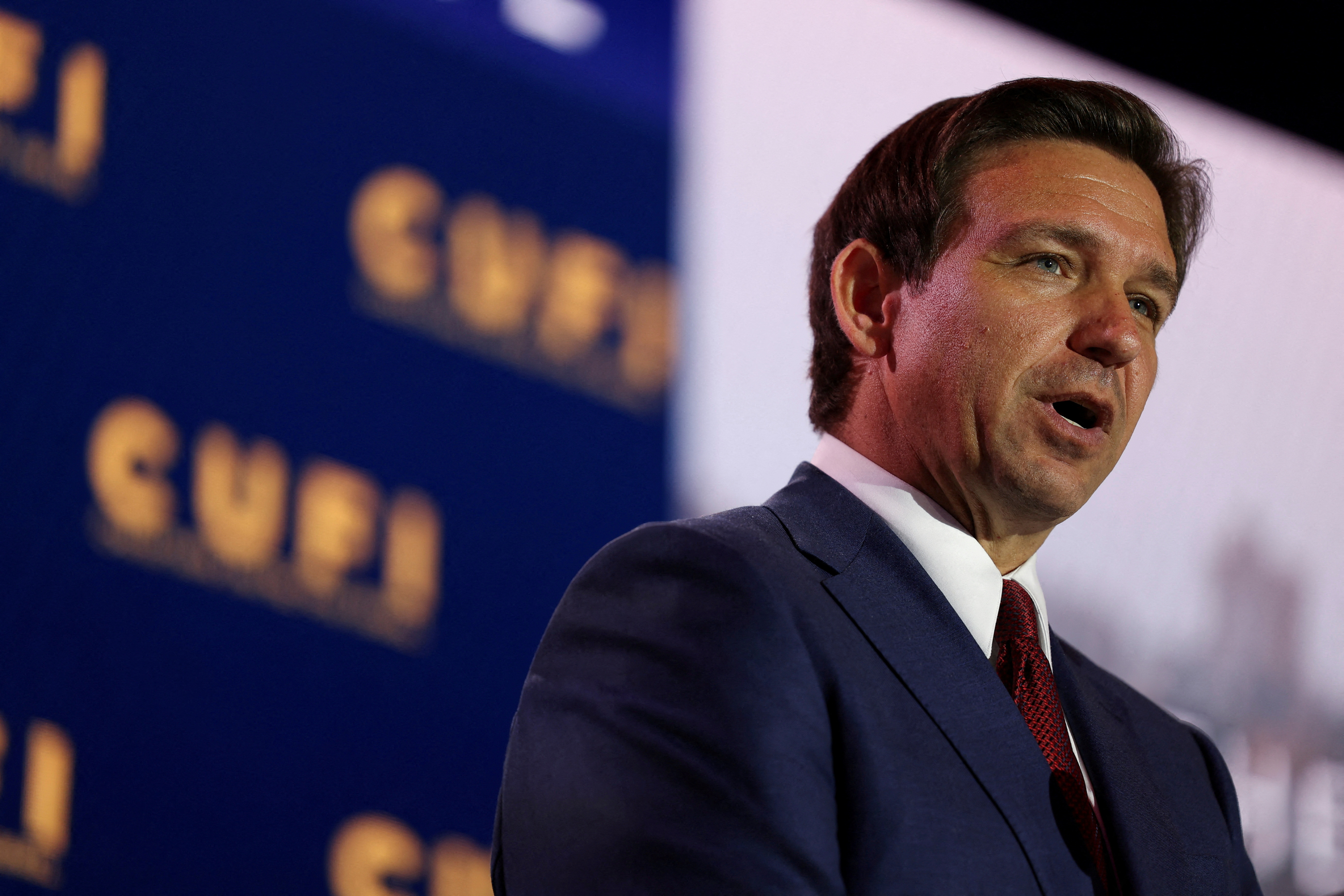 Republican presidential candidate, Florida Governor Ron DeSantis, delivers remarks at the annual Christians United for Israel Summit (CUFI), at the Crystal Gateway Marriott in Arlington, Virginia, U.S., July 17, 2023. REUTERS/Kevin Wurm/File Photo