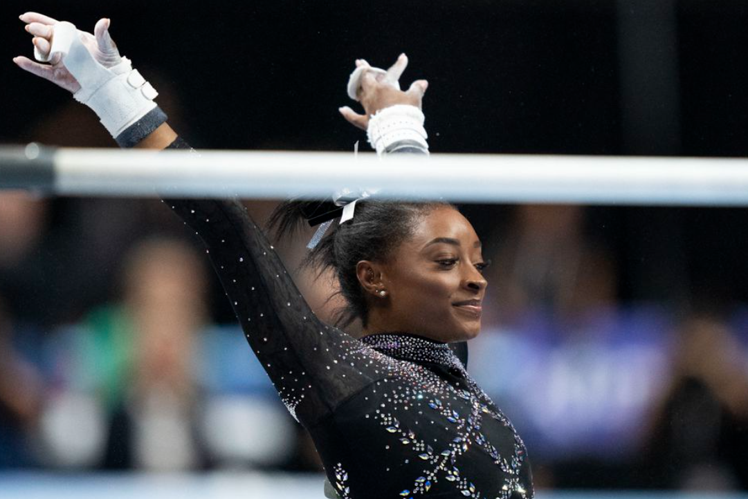 Simone Biles performs on the uneven bars during the 2023 U.S. Gymnastics Championships at SAP Center in San Jose, California, Aug. 27, 2023.