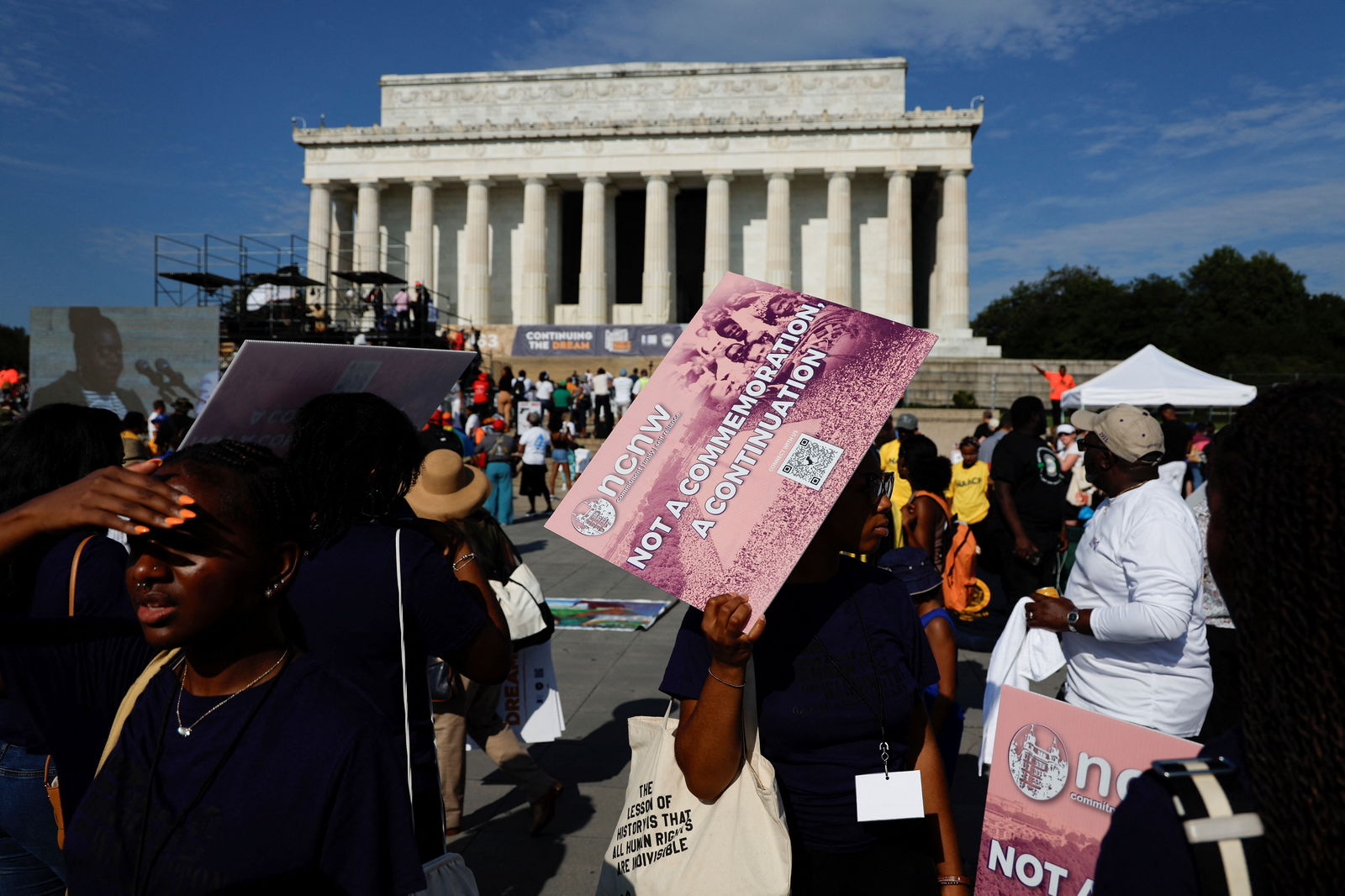 Demonstrators for racial justice gather on the 60th anniversary of the March On Washington and Martin Luther King Jr's historic "I Have a Dream" speech at the Lincoln Memorial in Washington D.C, U.S., August 26, 2023. REUTERS/Jonathan Ernst