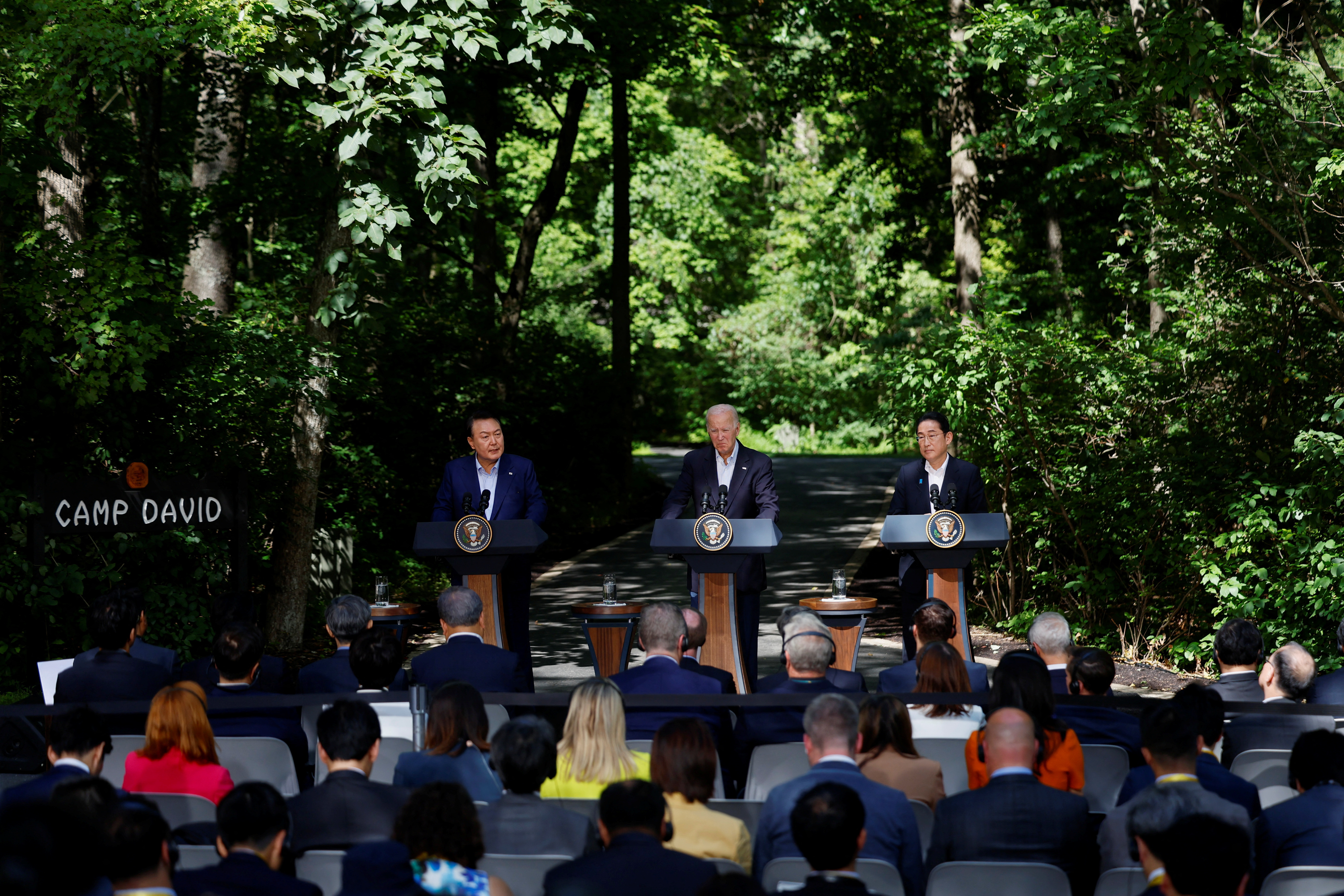 U.S. President Joe Biden, Japanese Prime Minister Fumio Kishida and South Korean President Yoon Suk Yeol attend a joint press conference with during the trilateral summit at Camp David near Thurmont, Maryland, U.S., August 18, 2023. REUTERS/Evelyn Hockstein