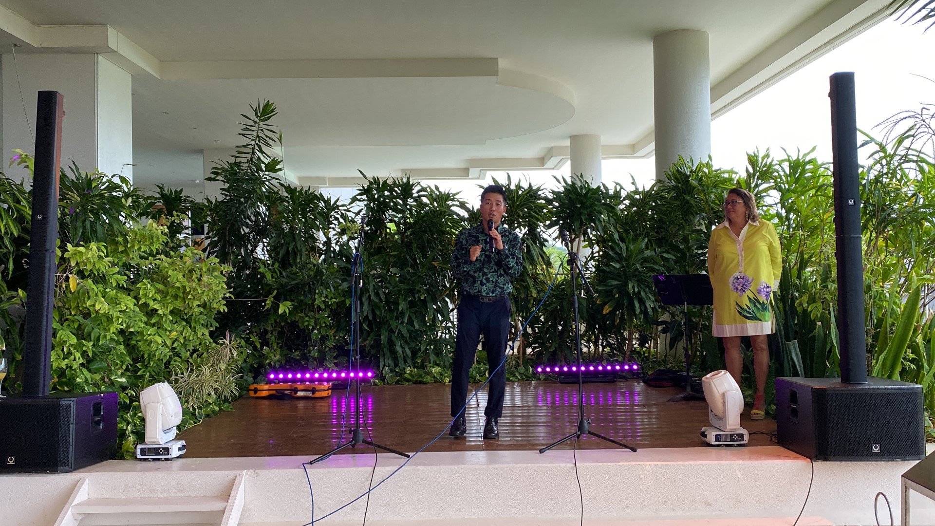 Eland CEO Brian Shin delivers his remarks during the official launch party of Chico De Marianas at Kensington Hotel. Also in photo is Gloria Cavanagh, vice president, Mariana Eland.